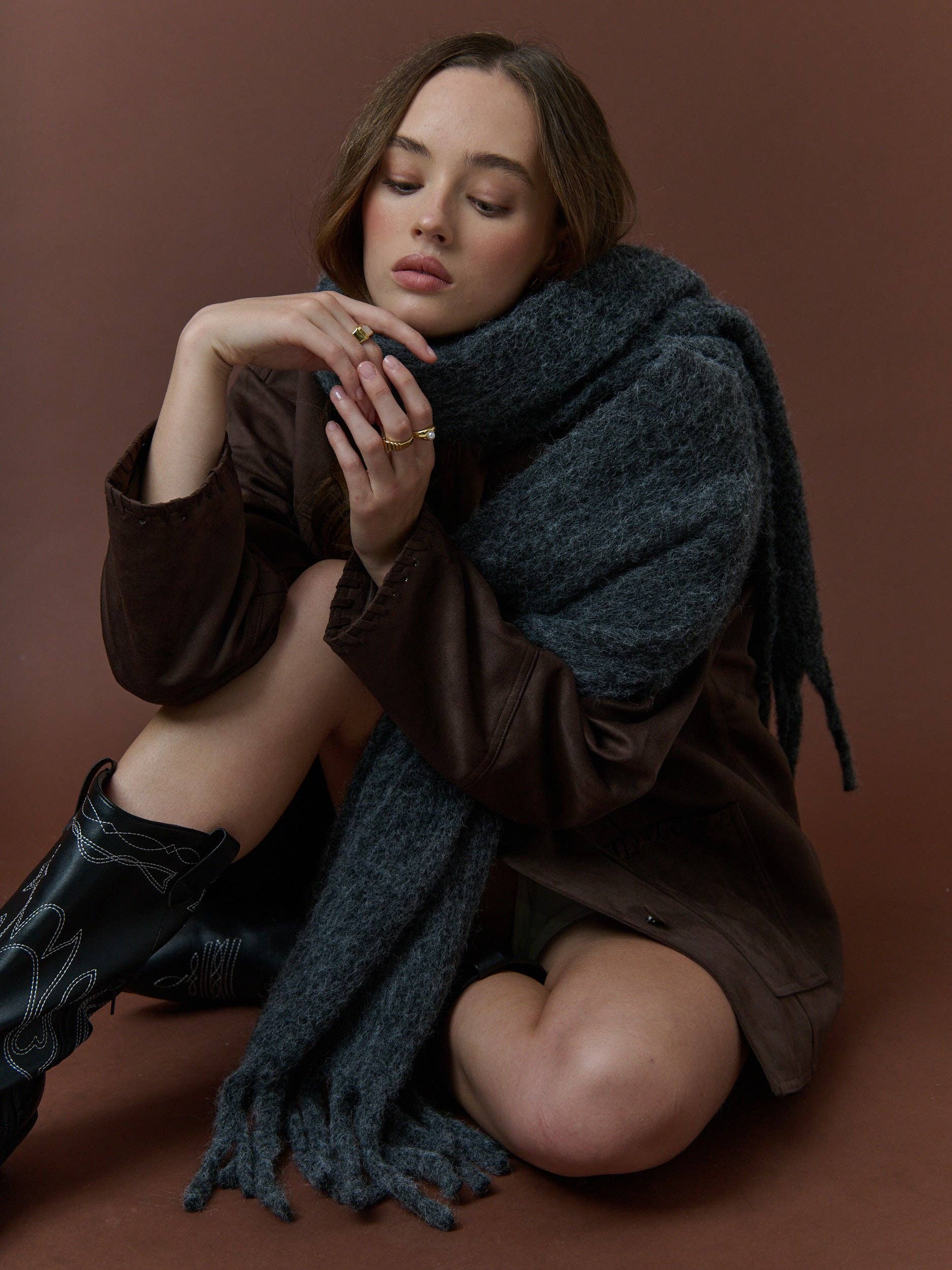 Betty Wool Plain Winter Fluffy Scarf in Charcoal