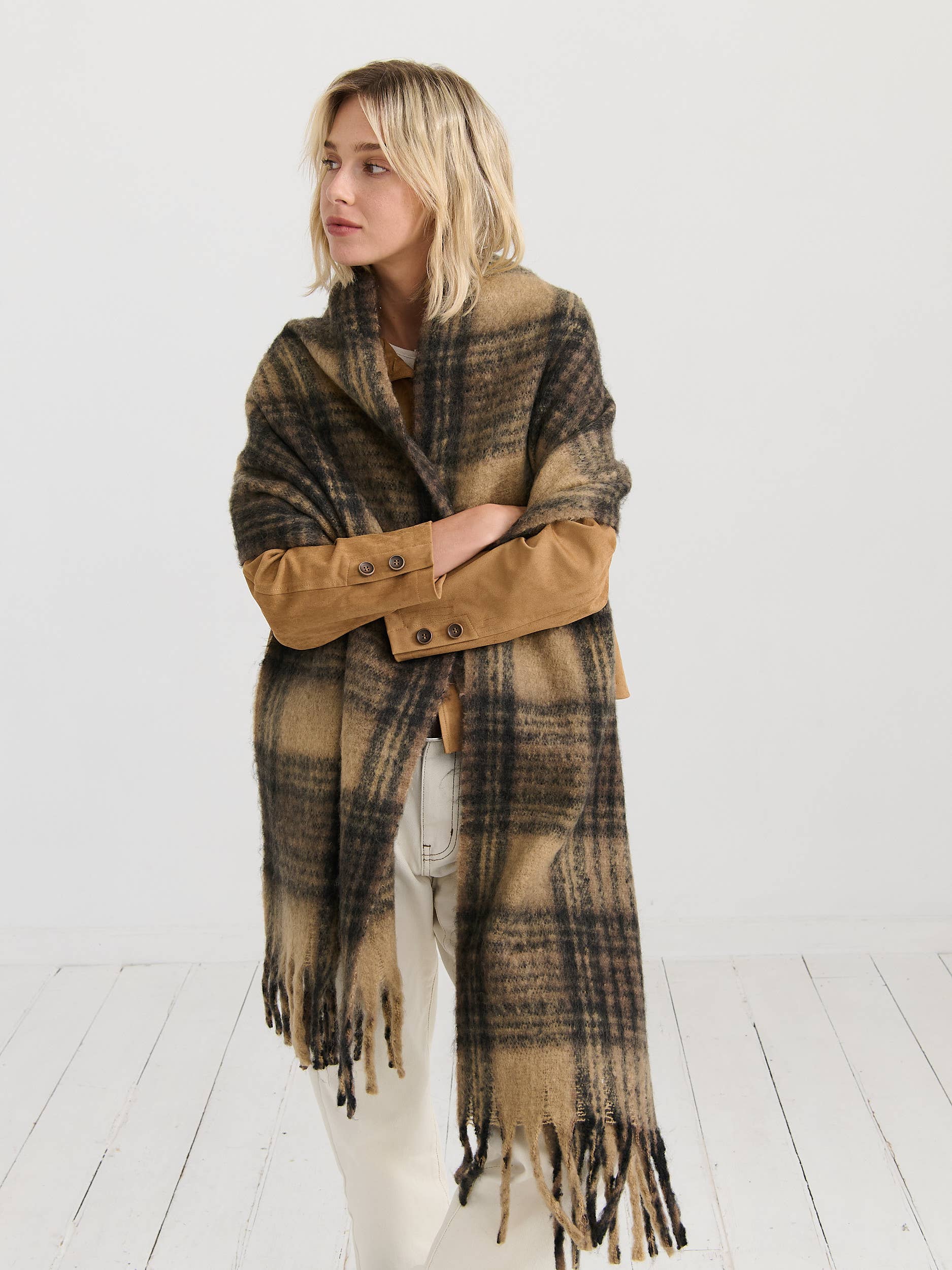 Alya Brown Plaid Winter Fluffy Scarf