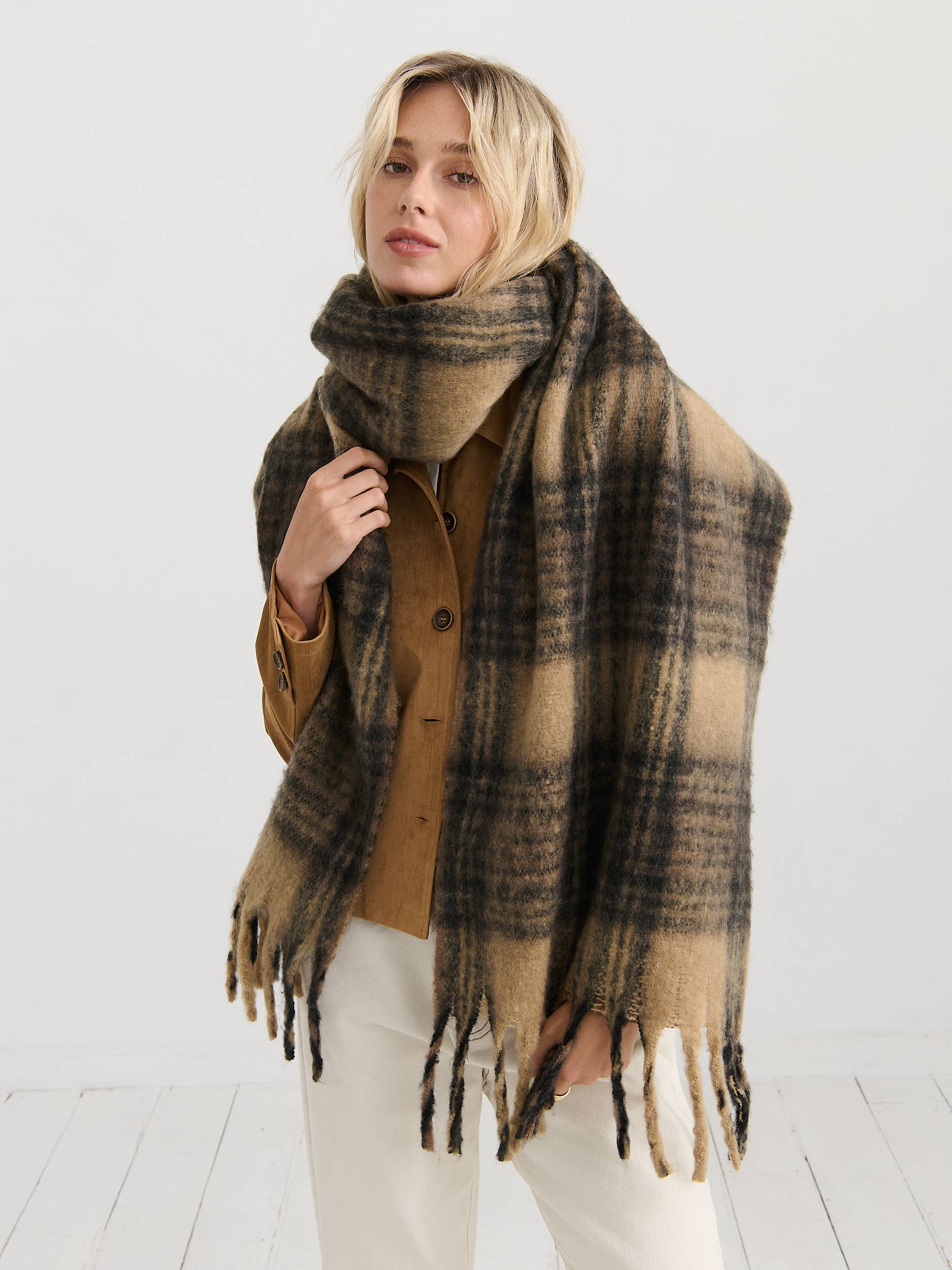 Alya Brown Plaid Winter Fluffy Scarf