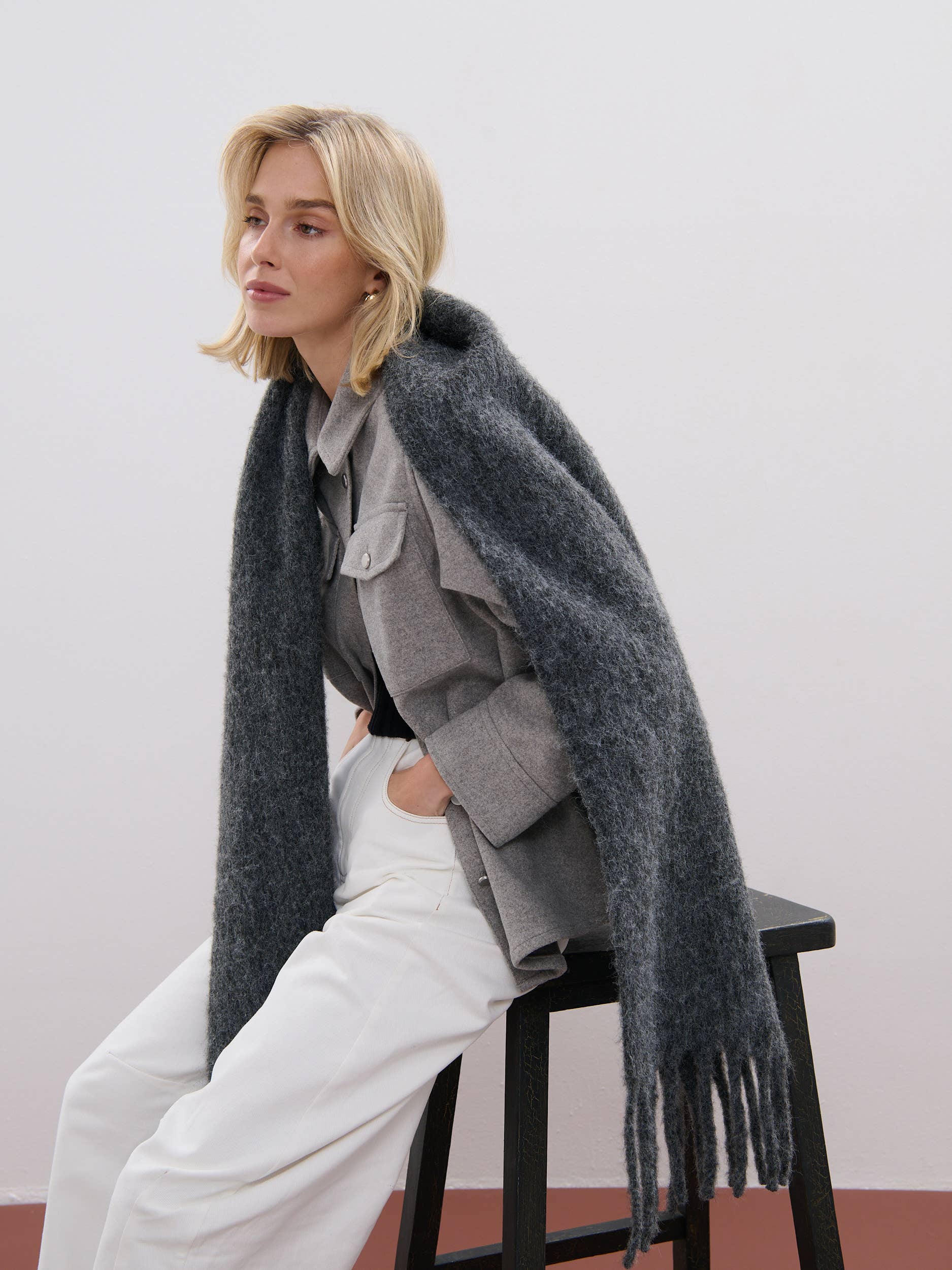 Betty Wool Plain Winter Fluffy Scarf in Charcoal