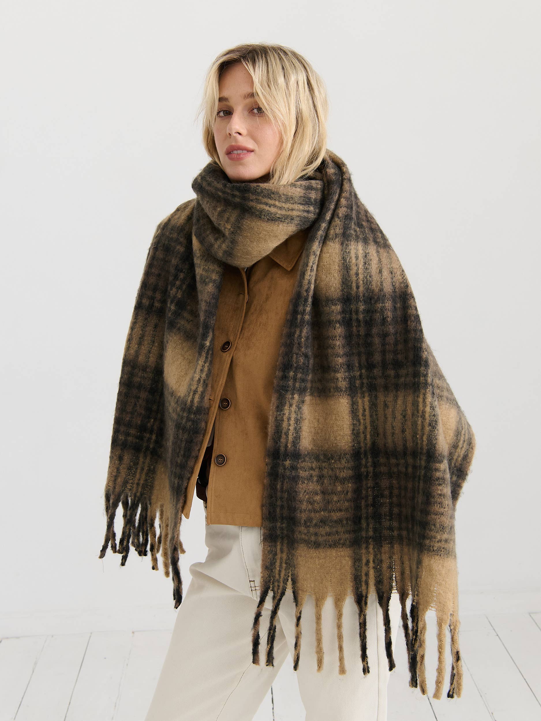 Alya Brown Plaid Winter Fluffy Scarf