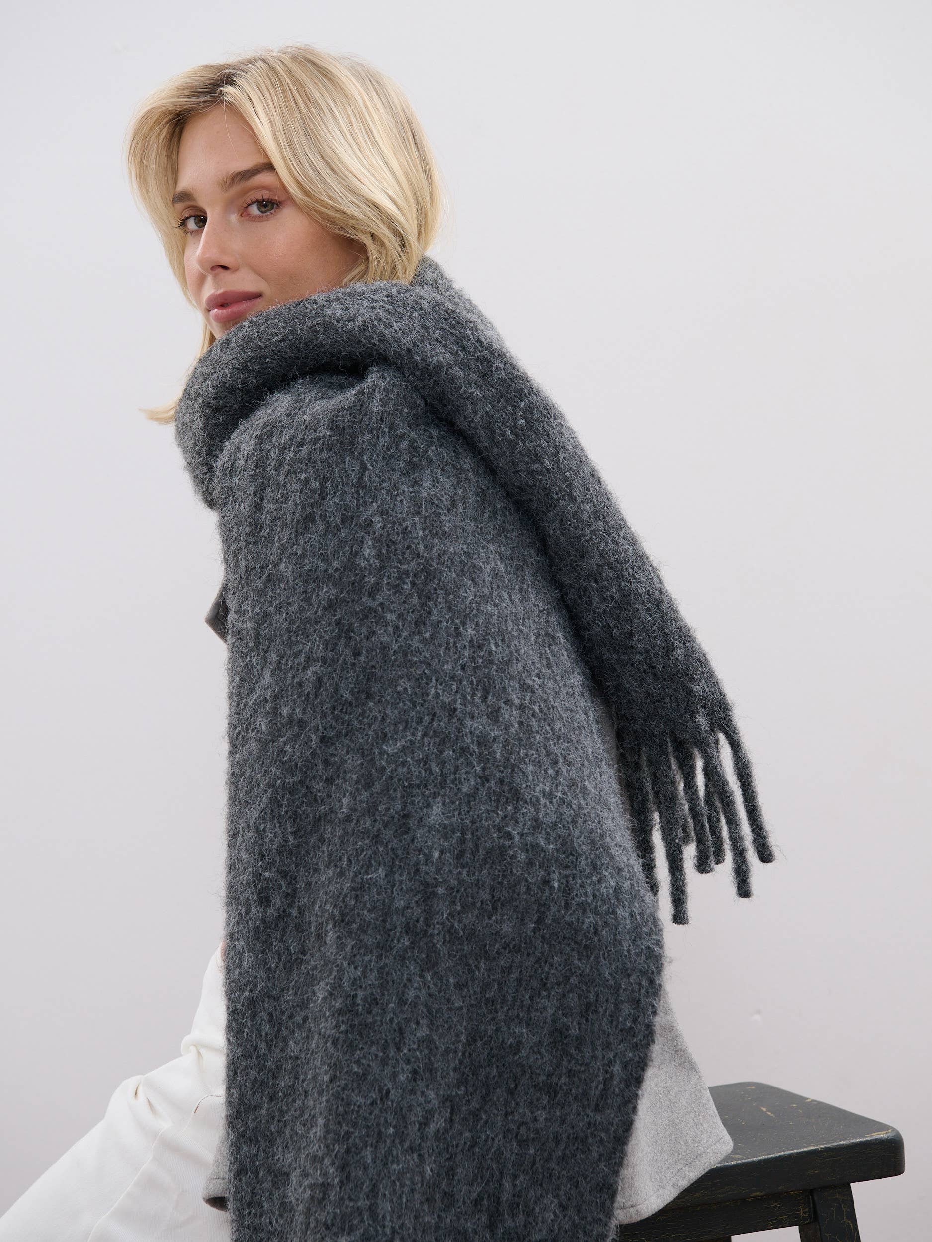 Betty Wool Plain Winter Fluffy Scarf in Charcoal