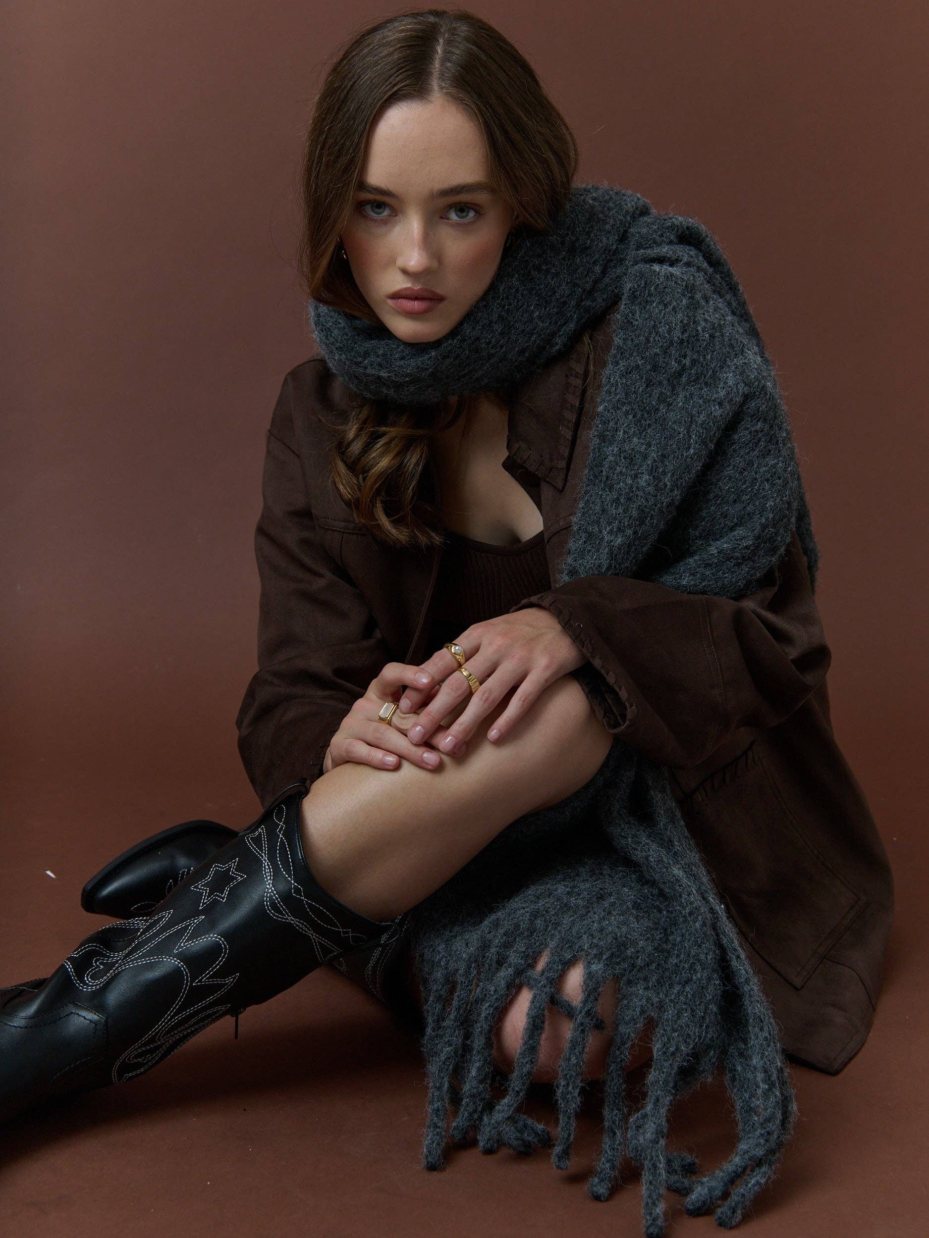 Betty Wool Plain Winter Fluffy Scarf in Charcoal