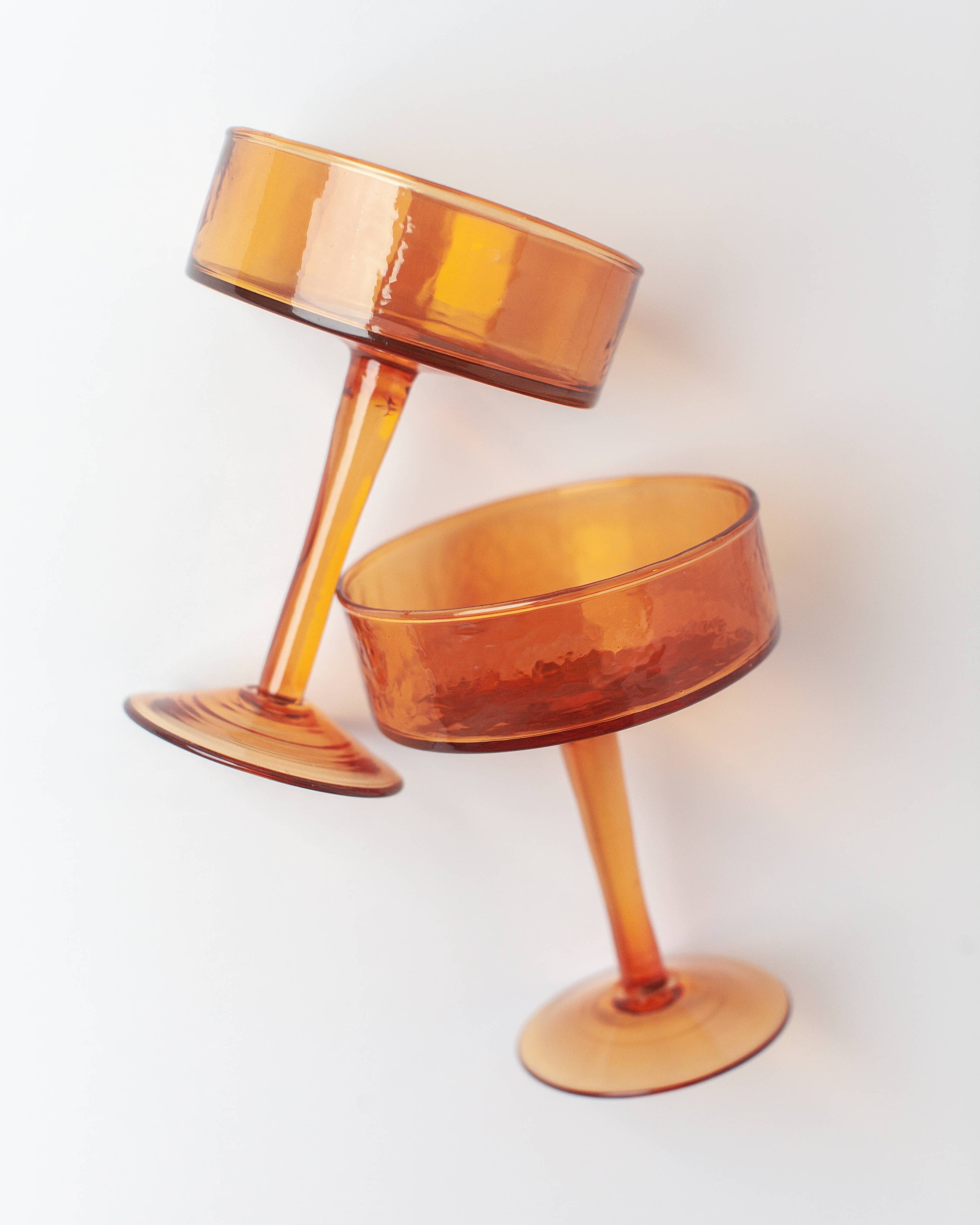 Handblown Hammered Coupe Cocktail Glass Pair: Amber