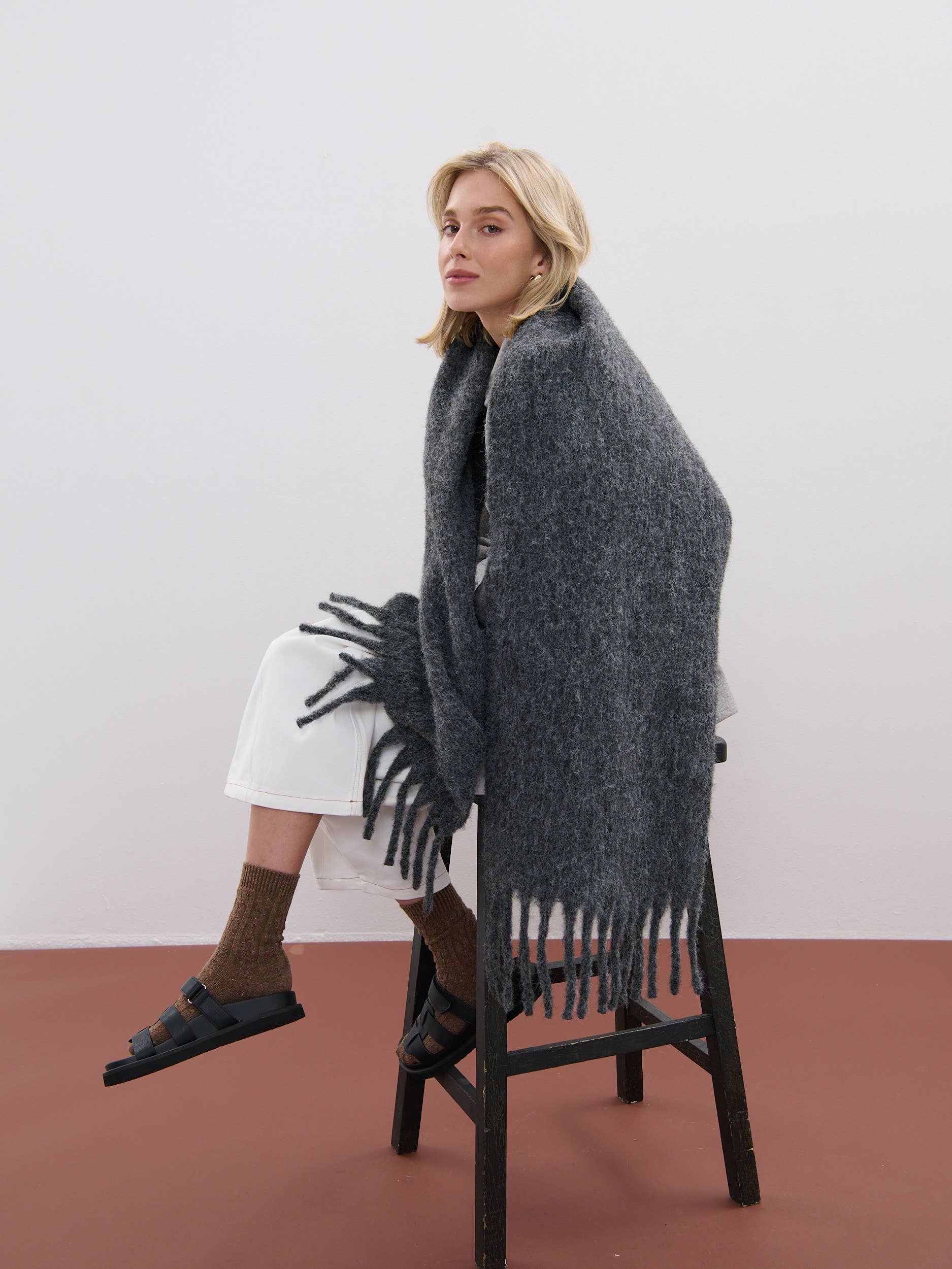 Betty Wool Plain Winter Fluffy Scarf in Charcoal