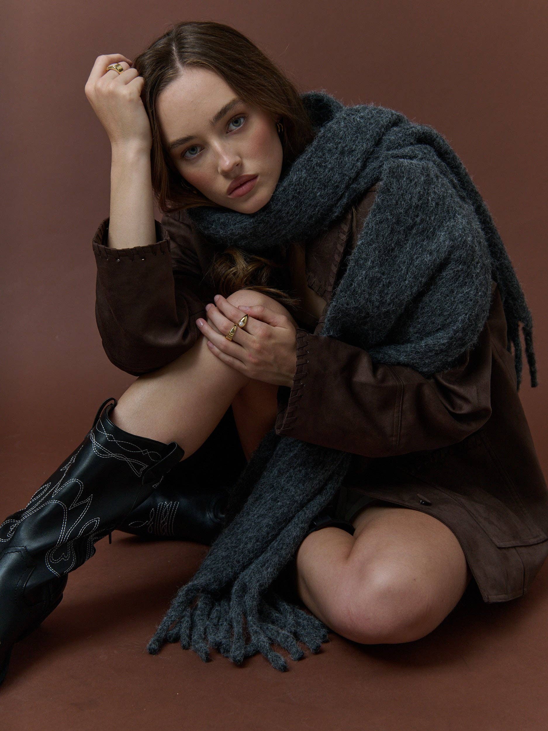 Betty Wool Plain Winter Fluffy Scarf in Charcoal