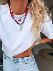 Red & Blue Fish Beaded Necklace
