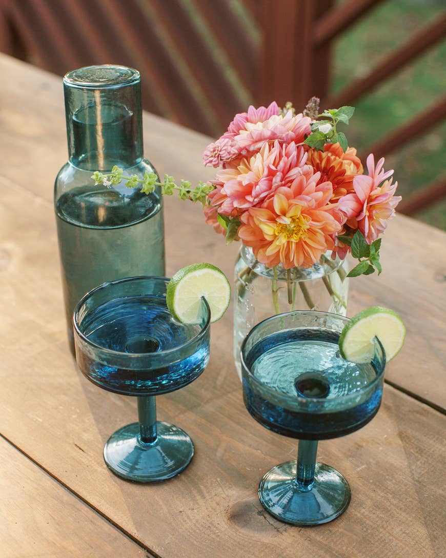 Handblown Hammered Coupe Cocktail Glass Pair: Blue