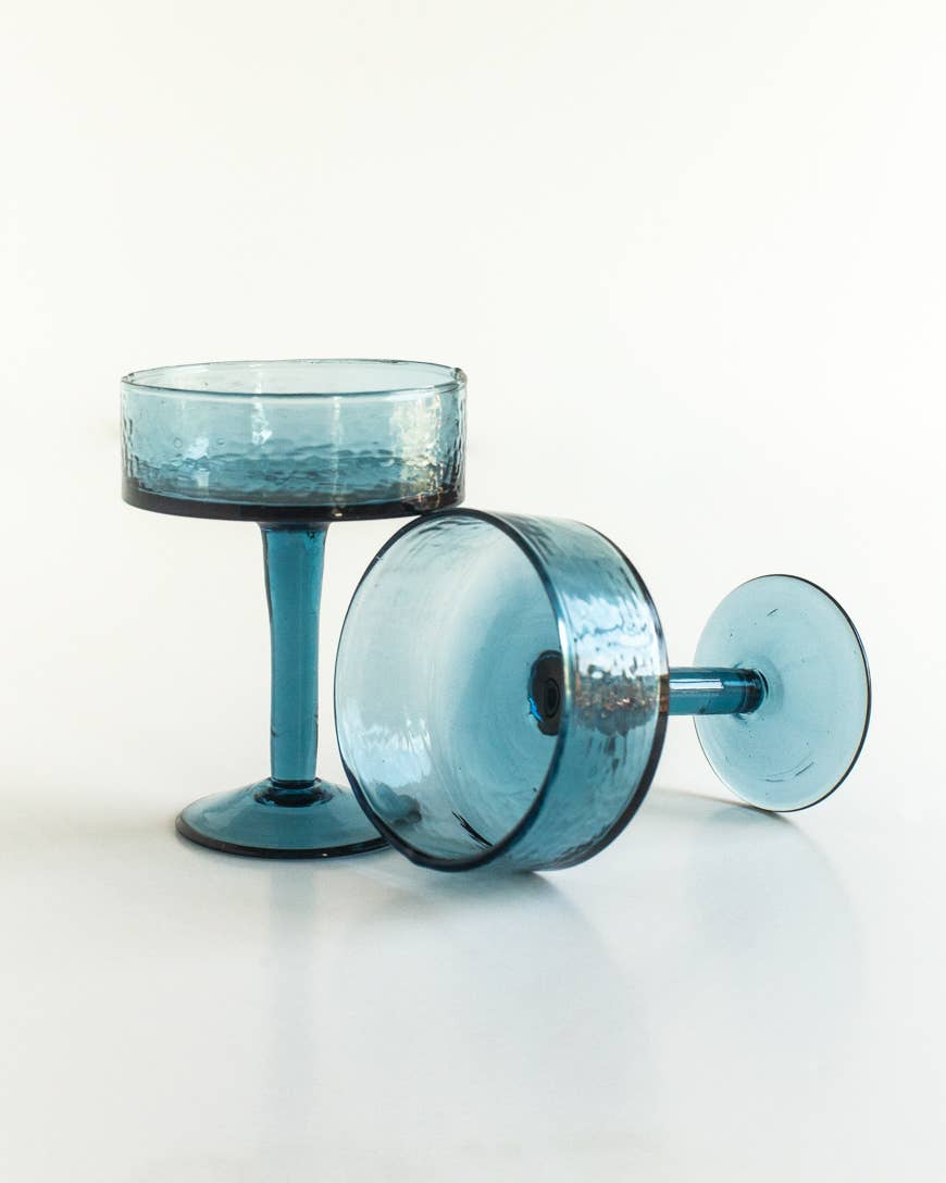 Handblown Hammered Coupe Cocktail Glass Pair: Blue