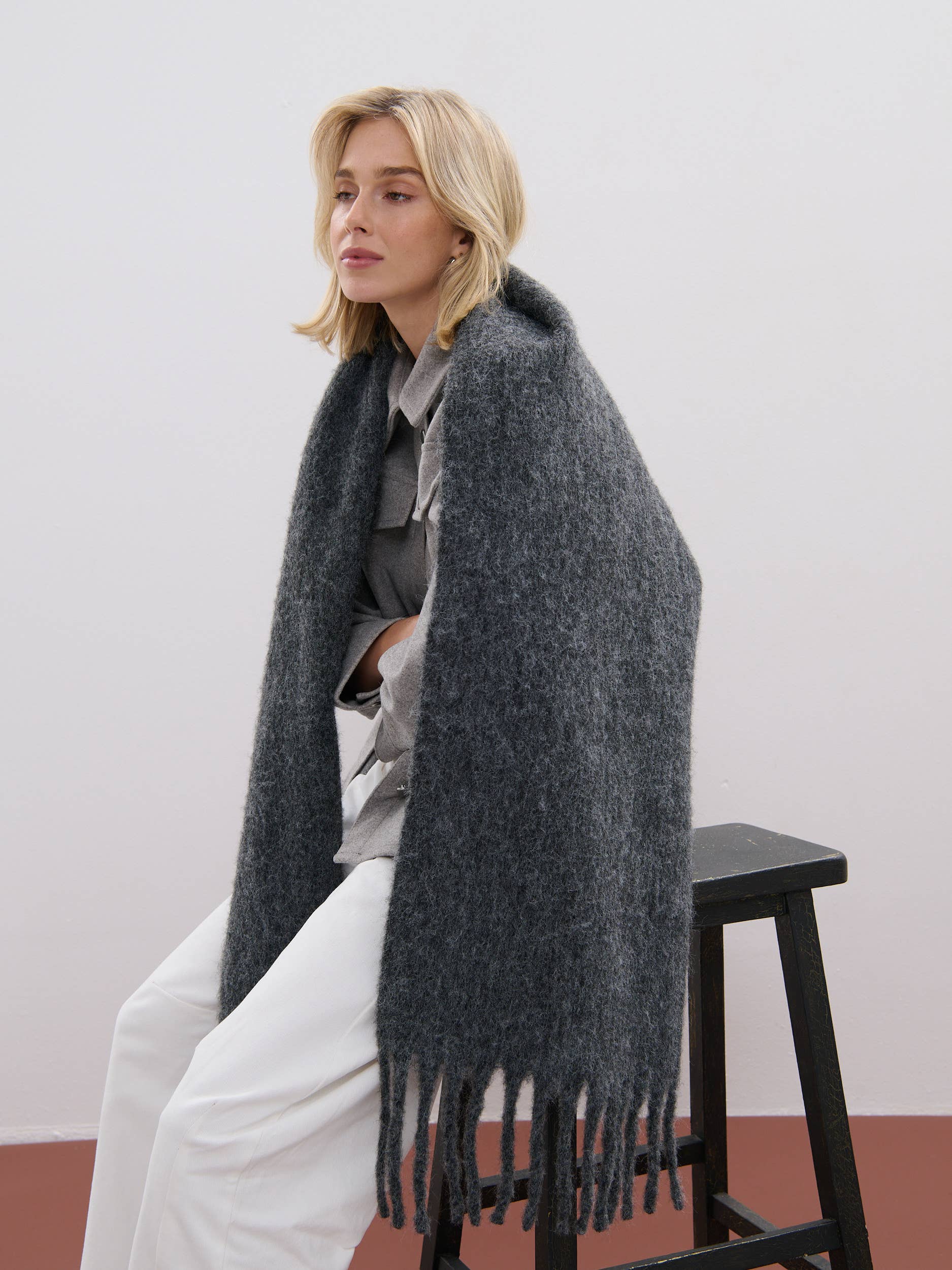 Betty Wool Plain Winter Fluffy Scarf in Charcoal