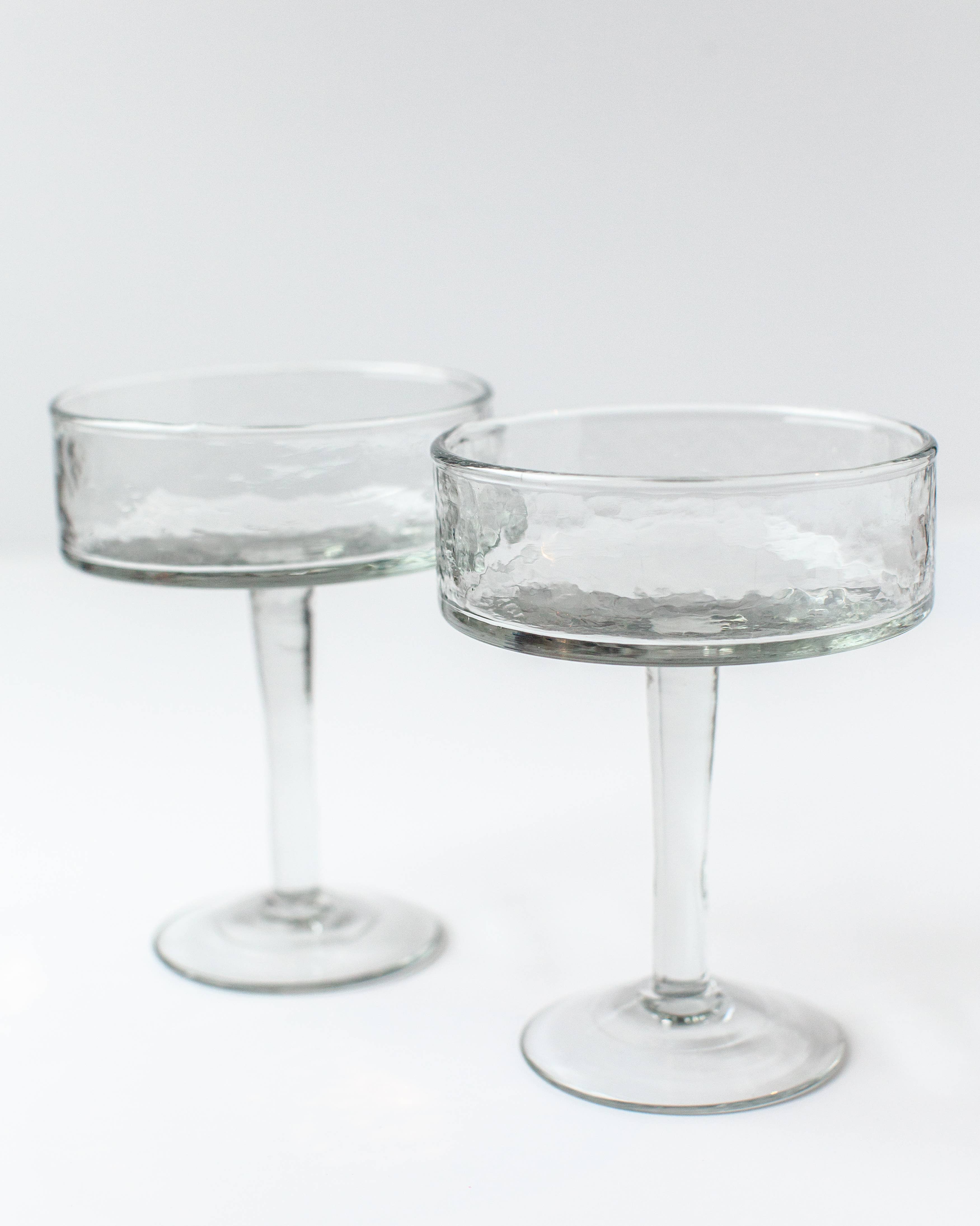 Handblown Hammered Coupe Cocktail Glass Pair: Blue