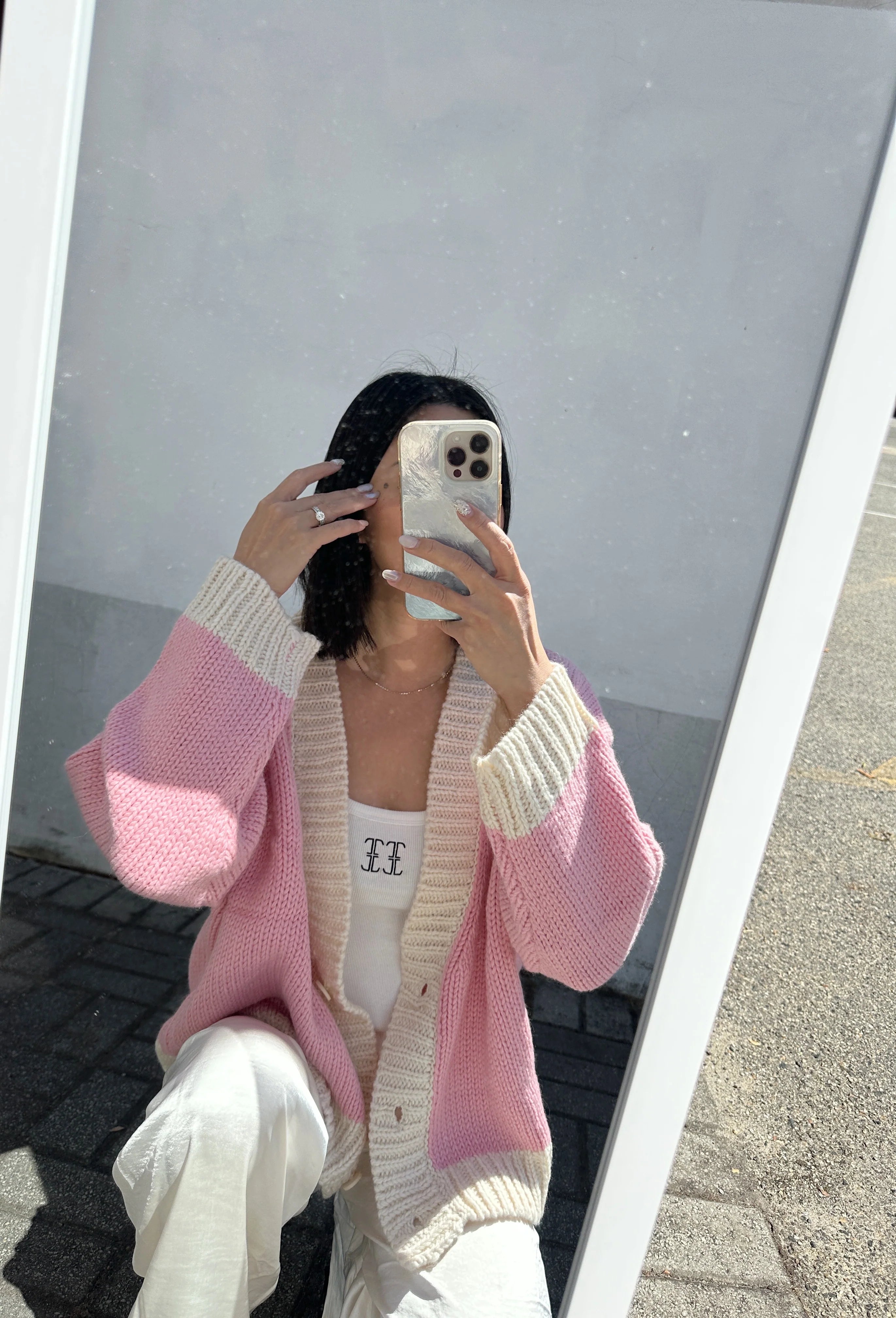 Maeve Contrast Knit Cardigan | Pink/Cream