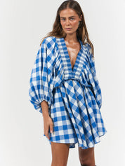 La Boheme Girls Essie V Neck Mini Dress | Cobalt Gingham