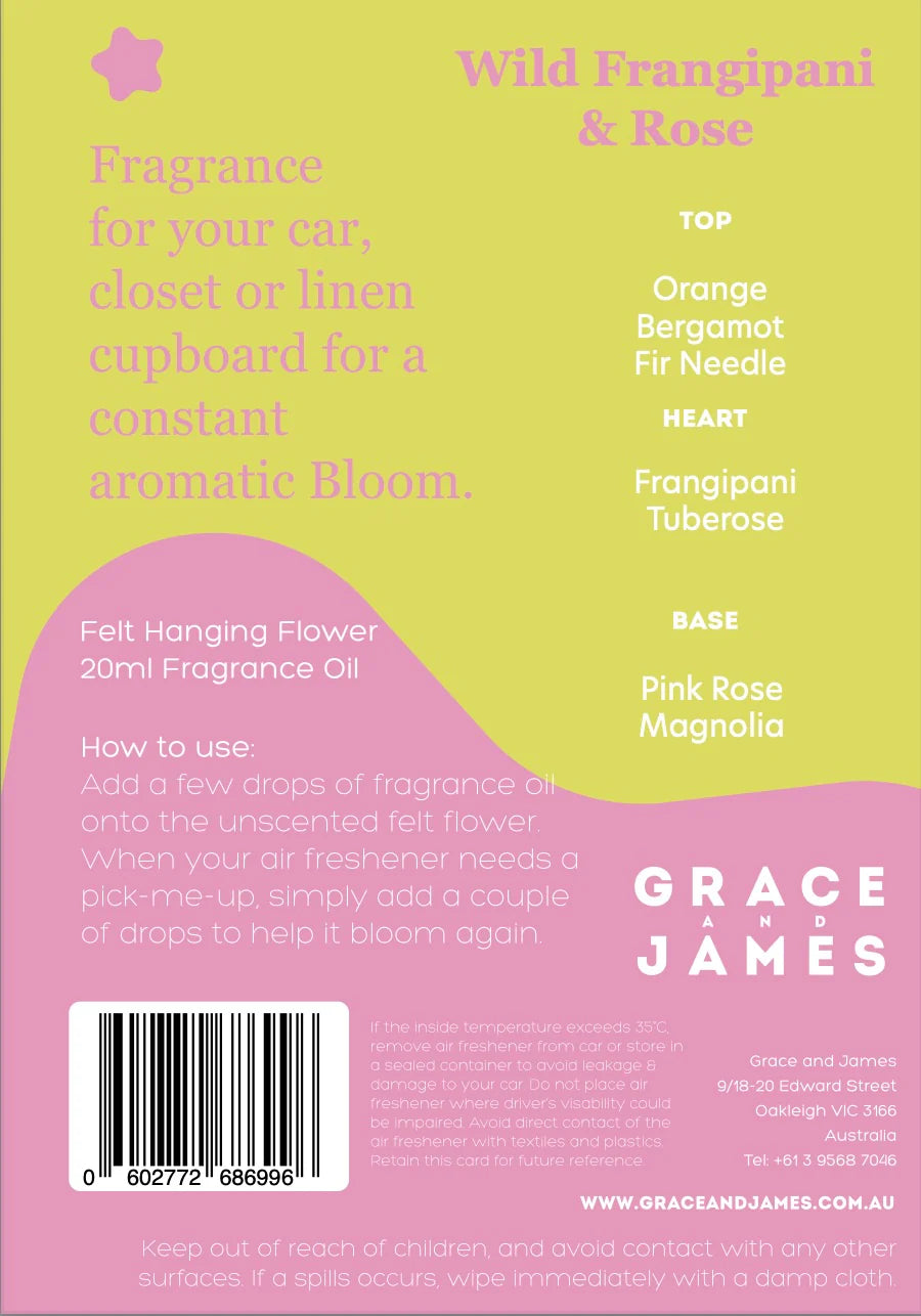 Grace & James Bloom Collection Felt Air Freshener  | Wild Frangipani & Rose