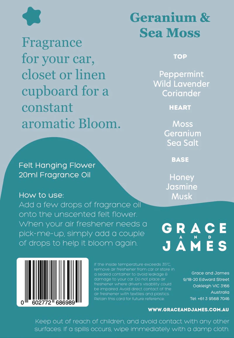 Grace & James Bloom Collection Felt Air Freshener  | Geranium & Sea Moss