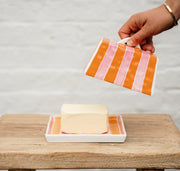 Large Butter Dish | Orange & Pink Striped