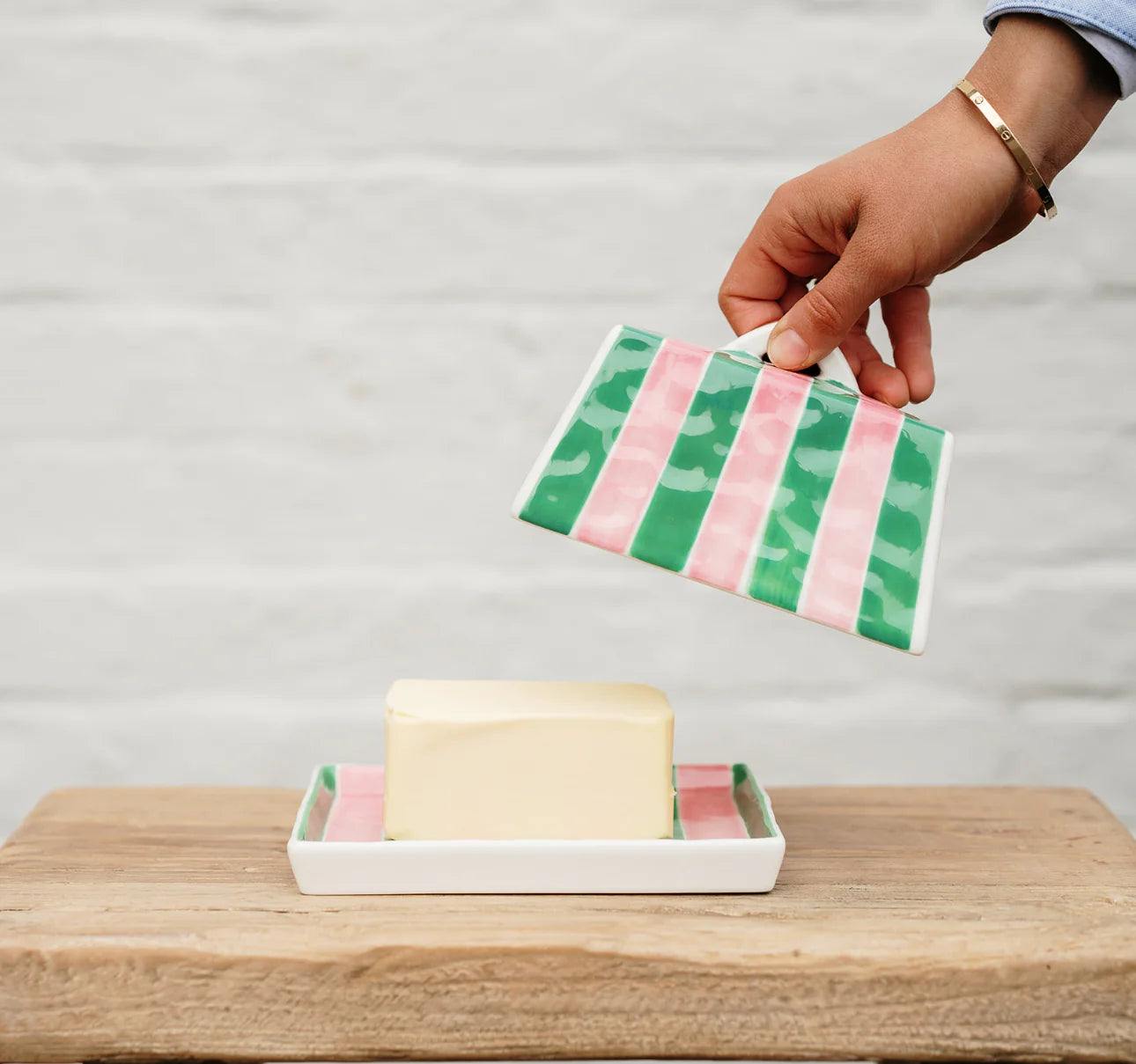 Large Butter Dish | Pink & Green Striped