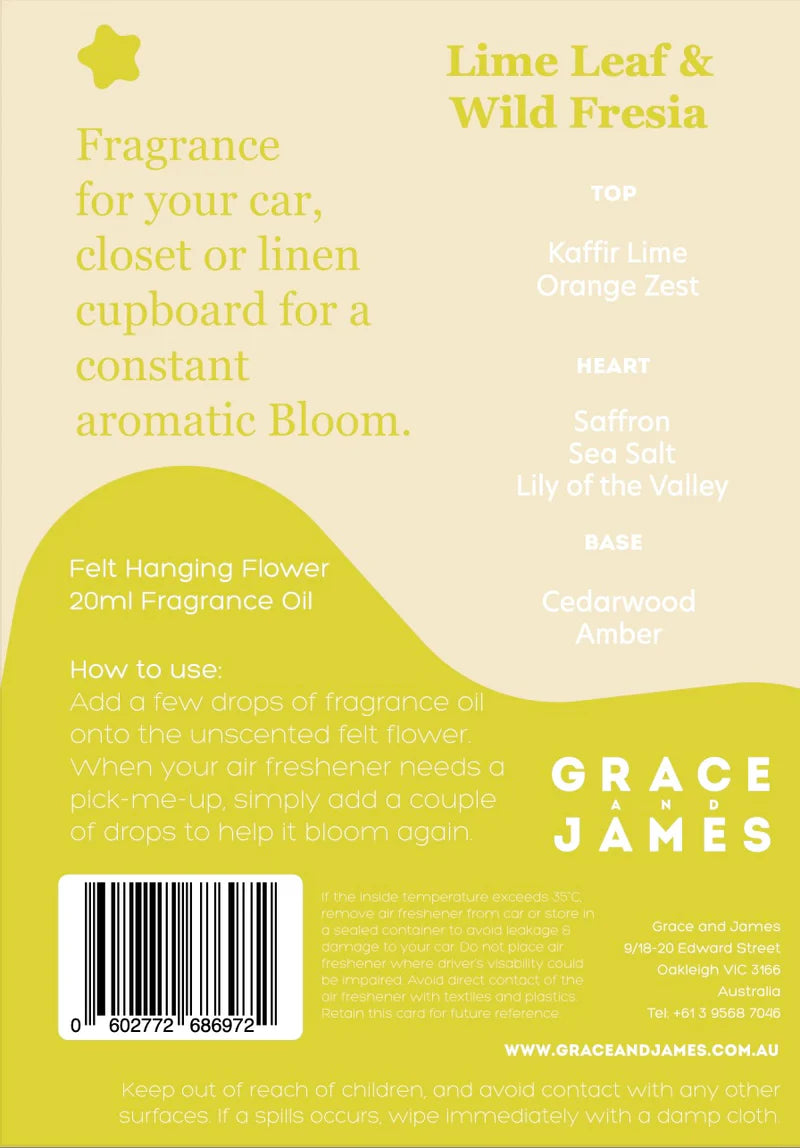 Grace & James Bloom Collection Felt Air Freshener  | Lime Leaf & Wild Freesia