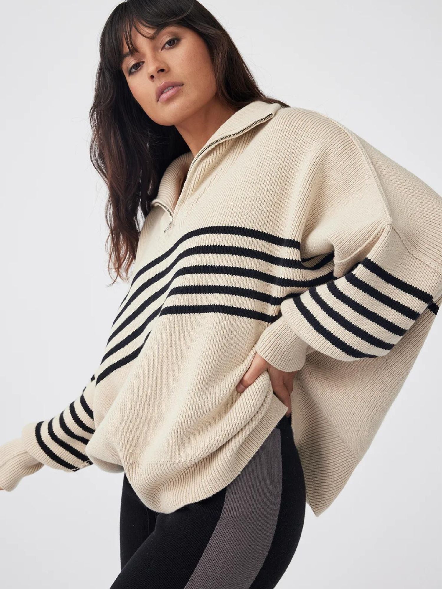 London Zip Sweater | Sand & Black