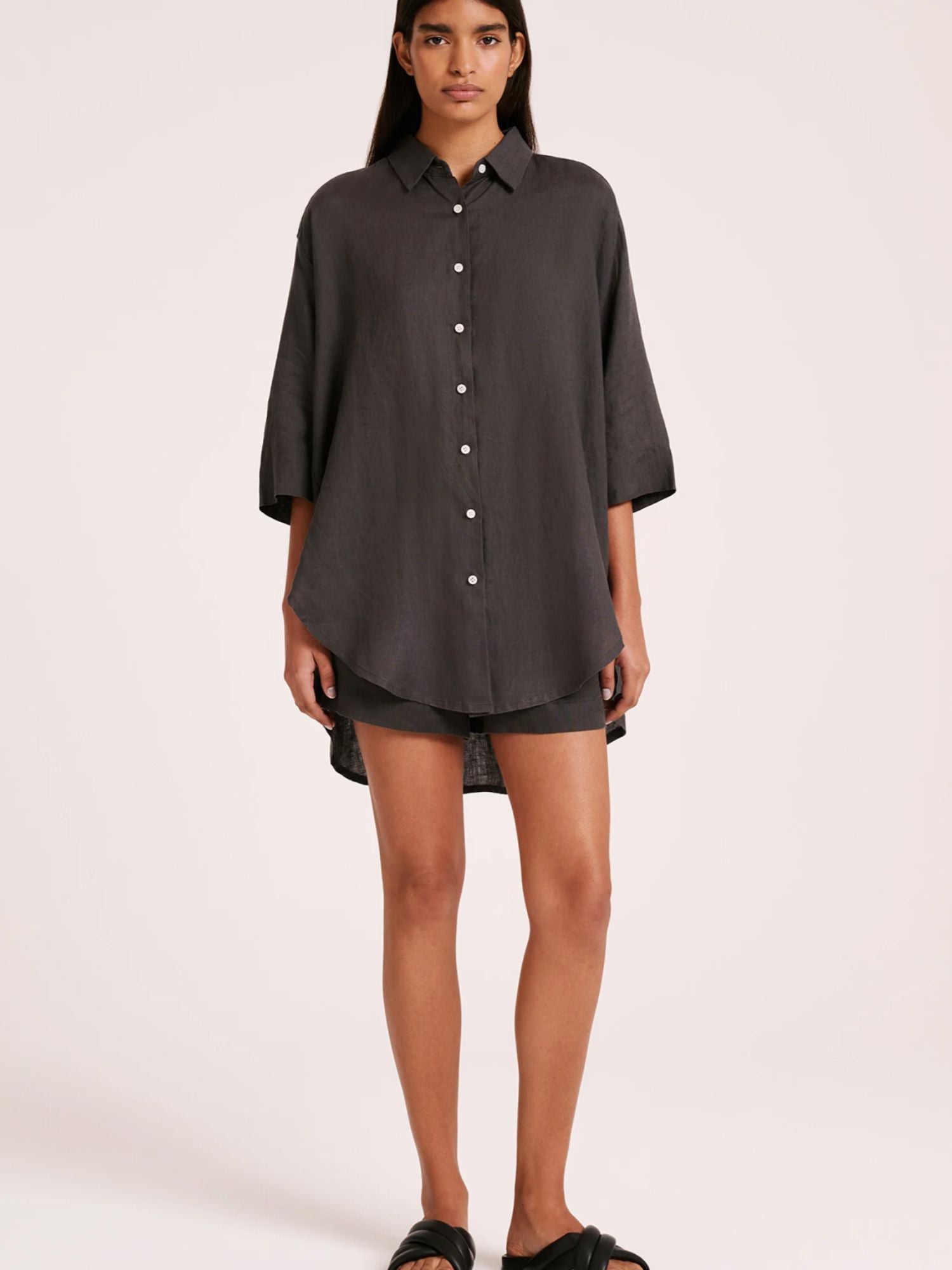 Lounge Linen Longline Shirt | Coal