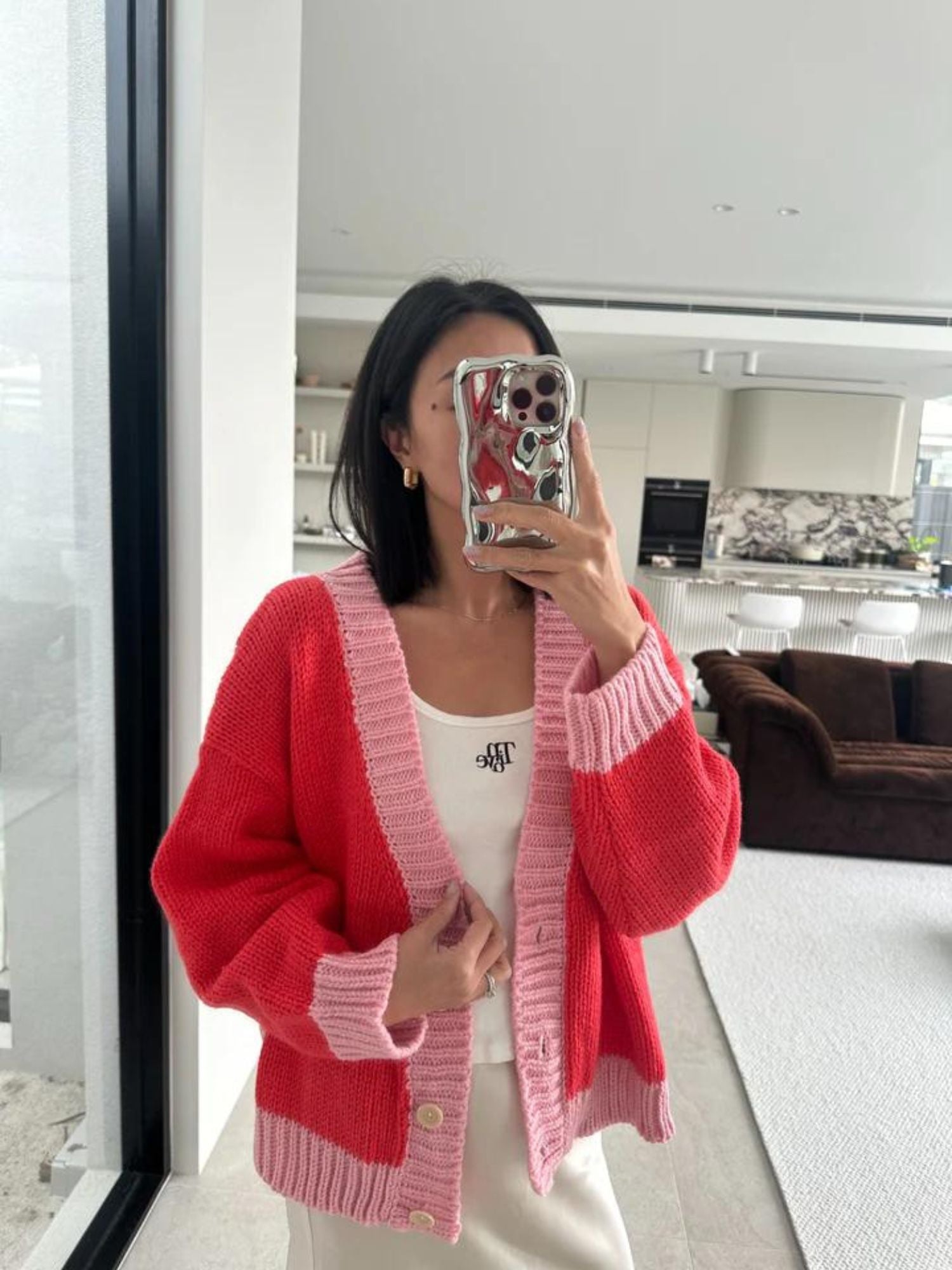 Maeve Contrast Knit Cardigan | Pink/Red