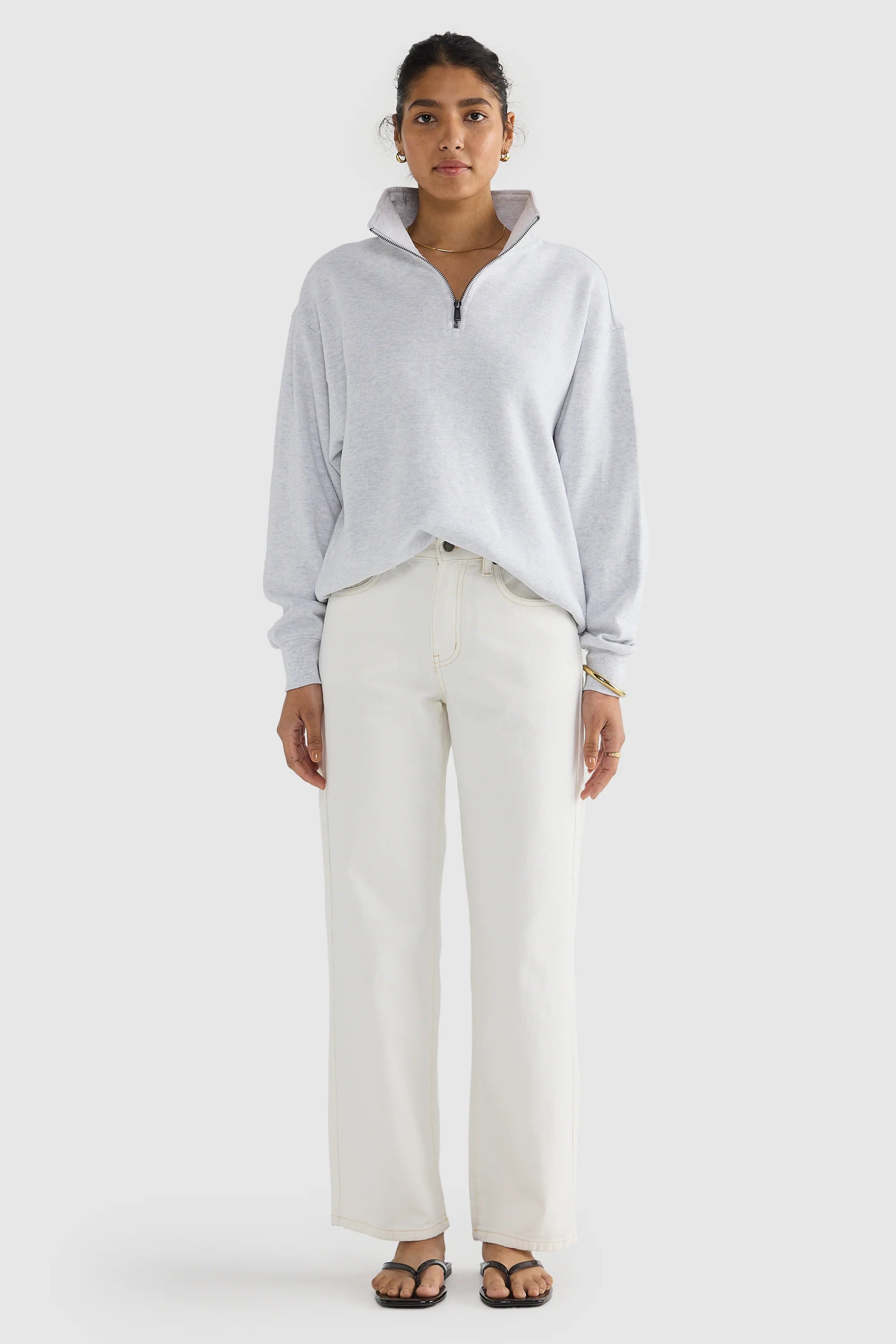 Ava Ribbed Quarter Zip | White Marle