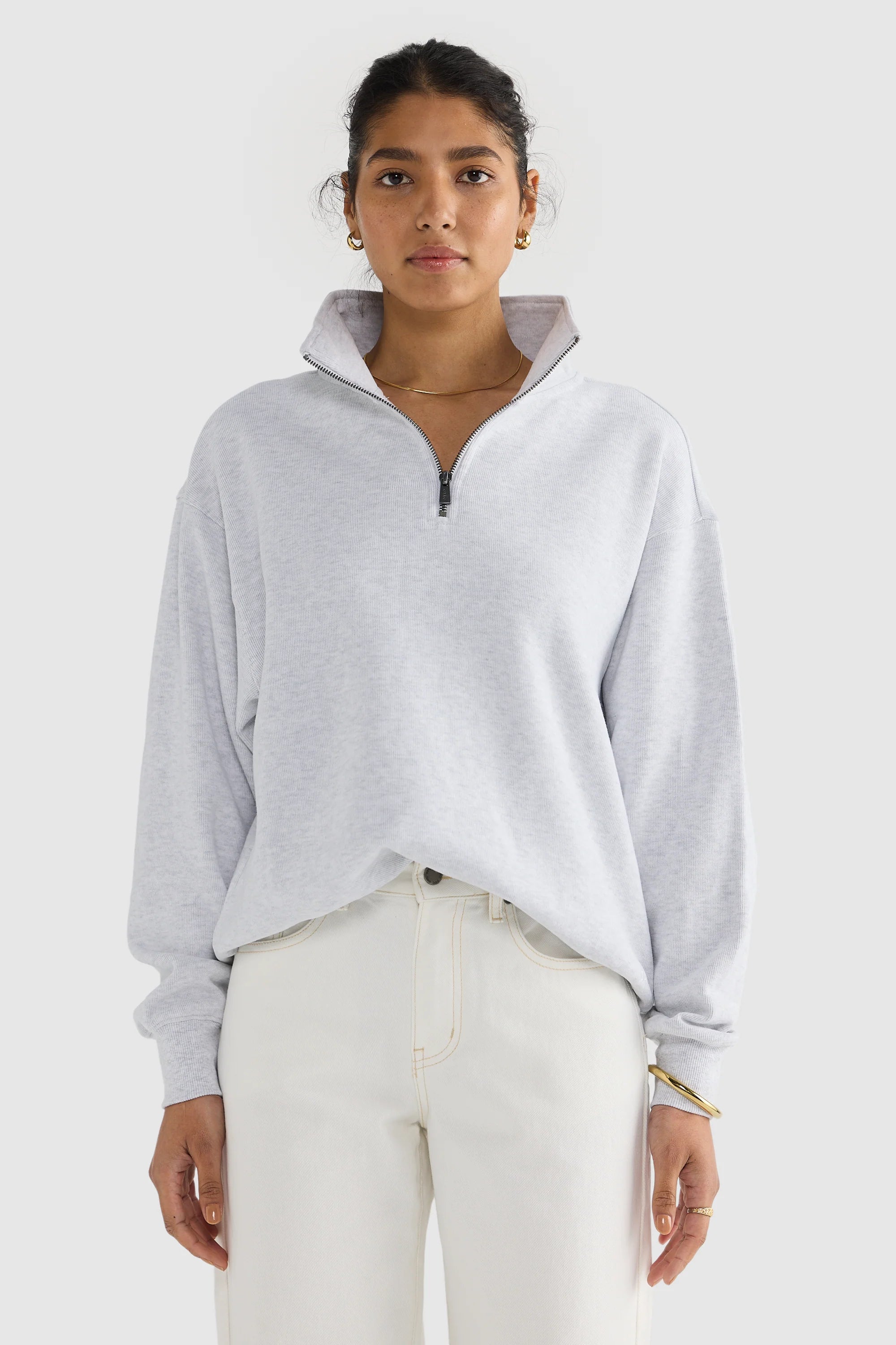 Ava Ribbed Quarter Zip | White Marle