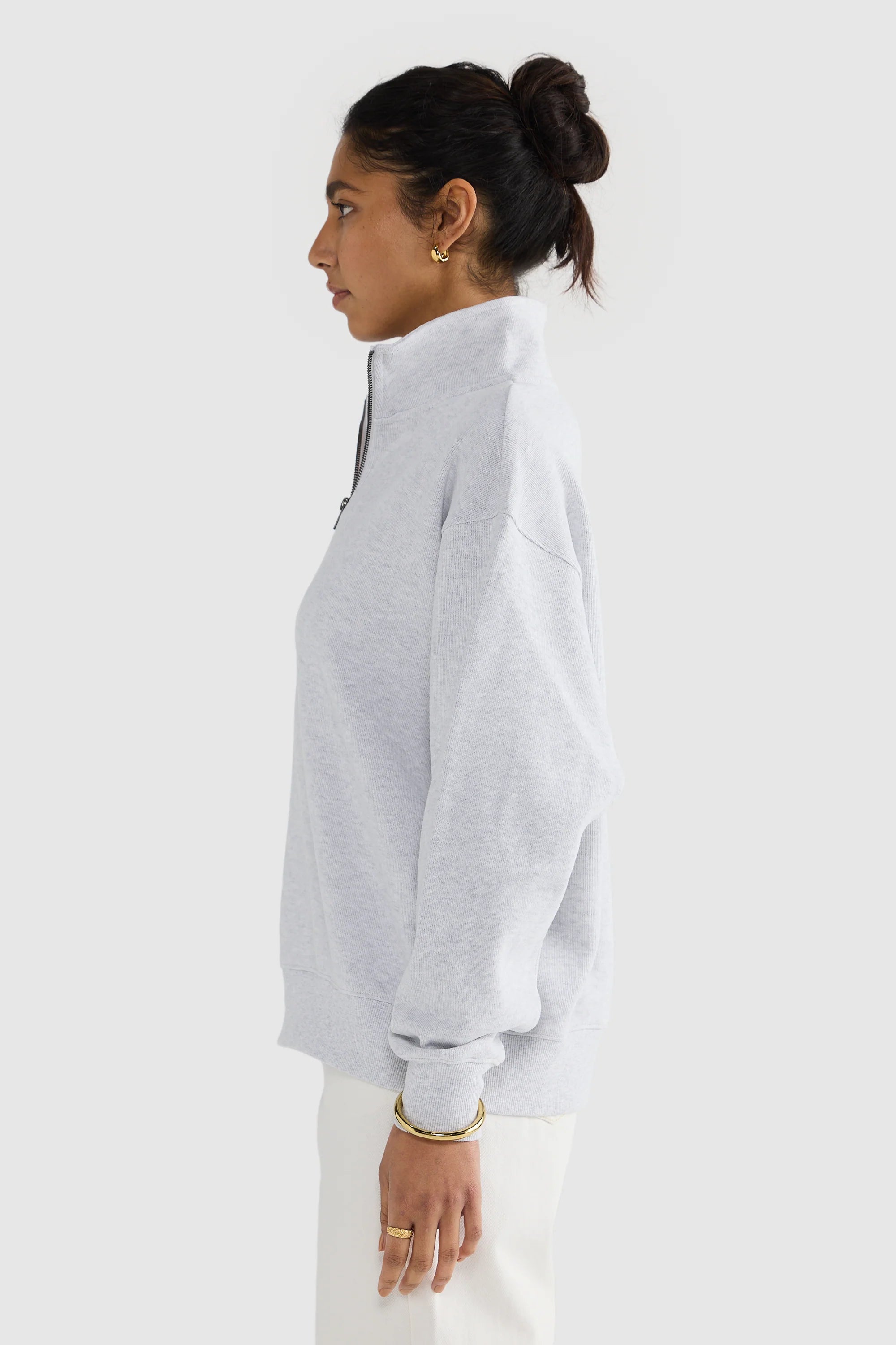 Ava Ribbed Quarter Zip | White Marle