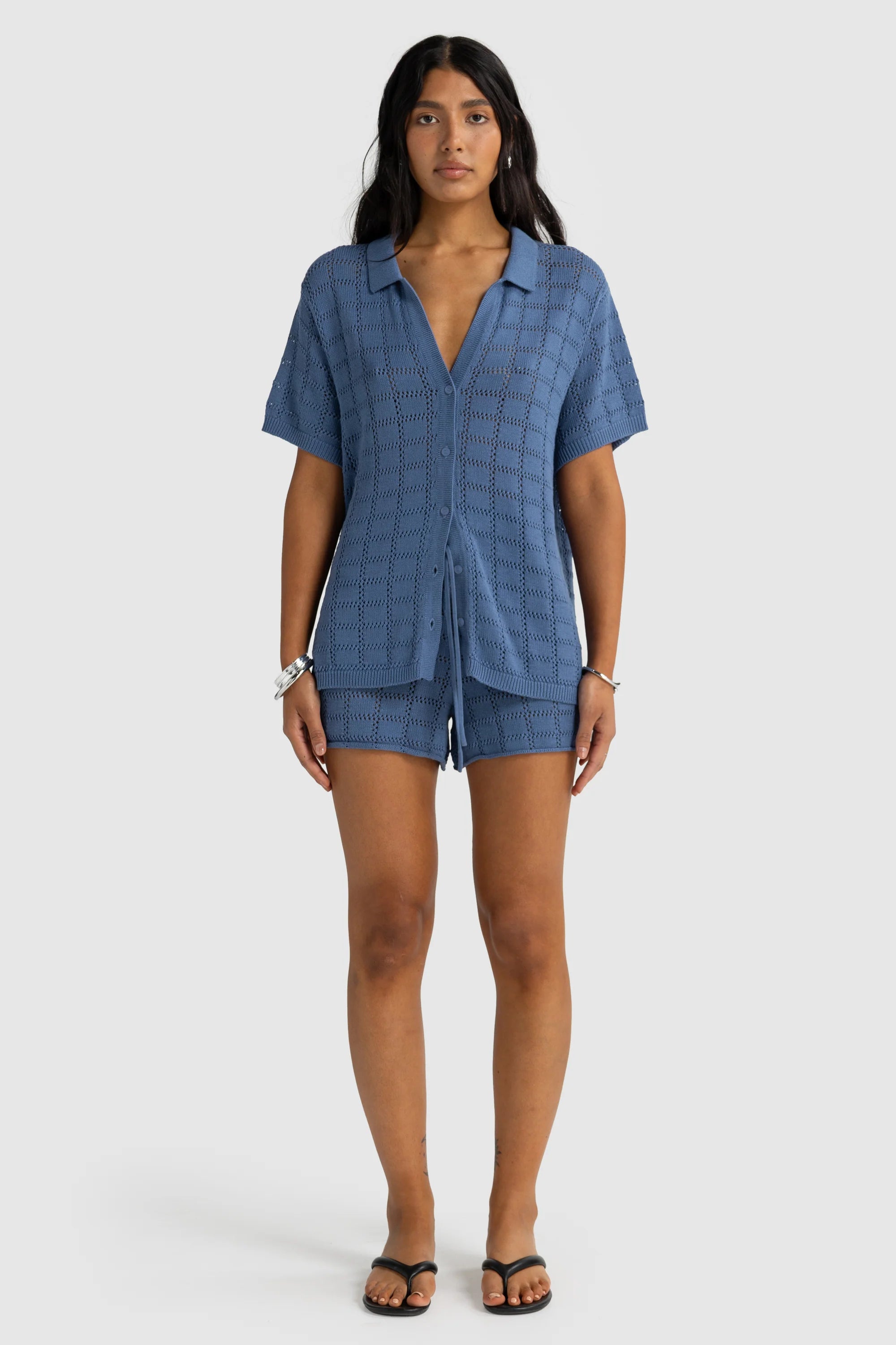 Melia Geo Knit Shirt | Harbour Blue