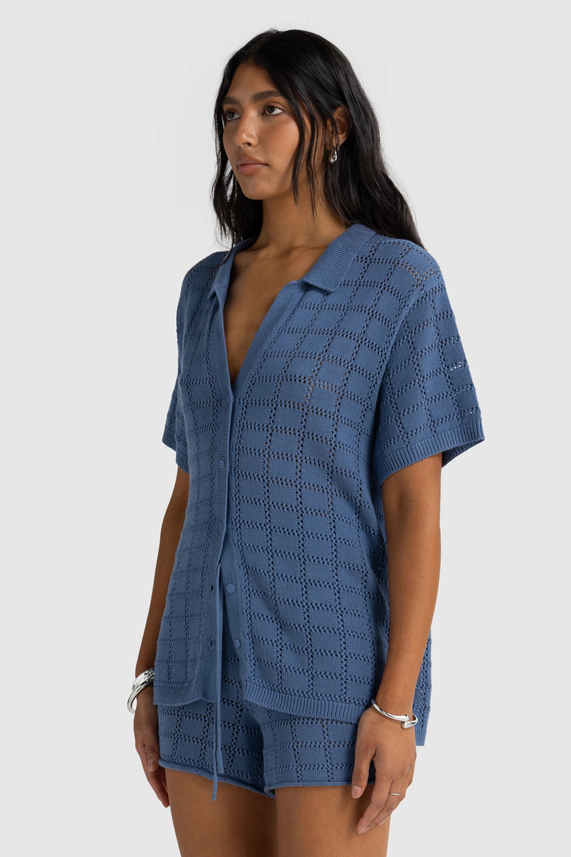 Melia Geo Knit Shirt | Harbour Blue