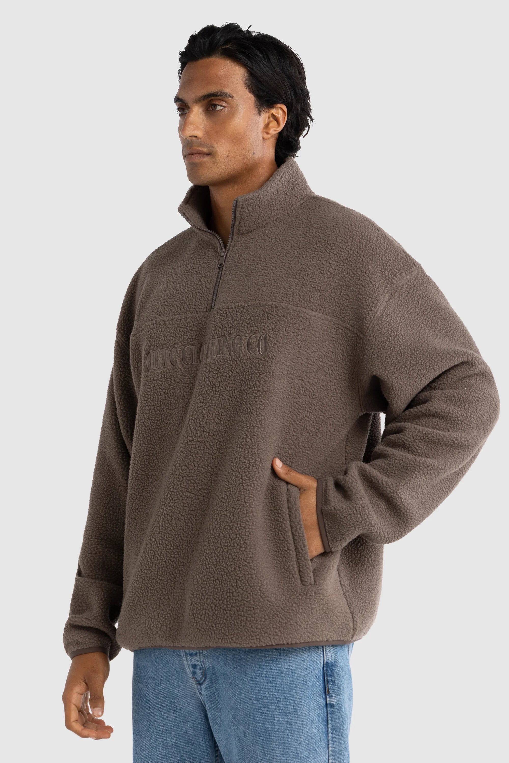 Unisex Sherpa Fleece Logo Quarter Zip | Espresso