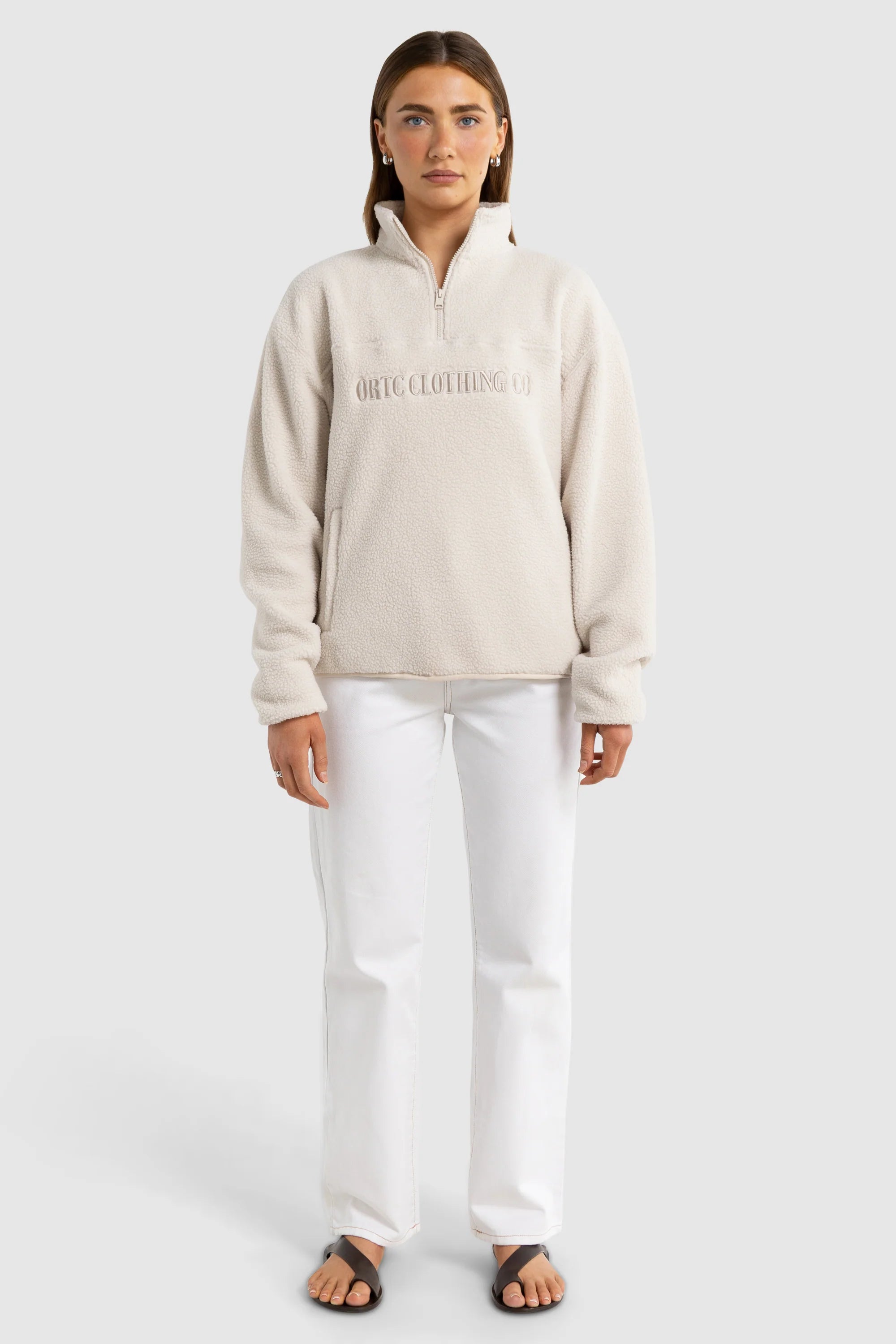 Unisex Sherpa Fleece Logo Quarter Zip | Natural