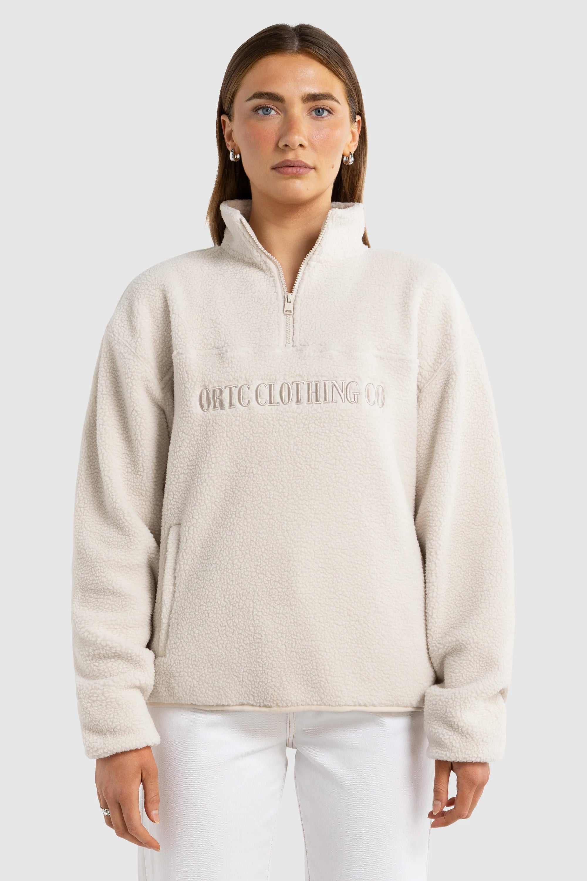 Unisex Sherpa Fleece Logo Quarter Zip | Natural