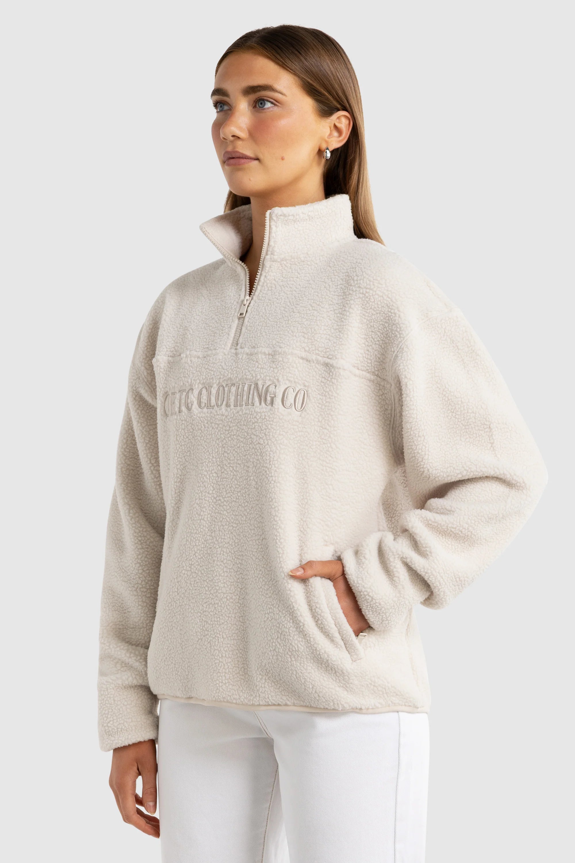 Unisex Sherpa Fleece Logo Quarter Zip | Natural