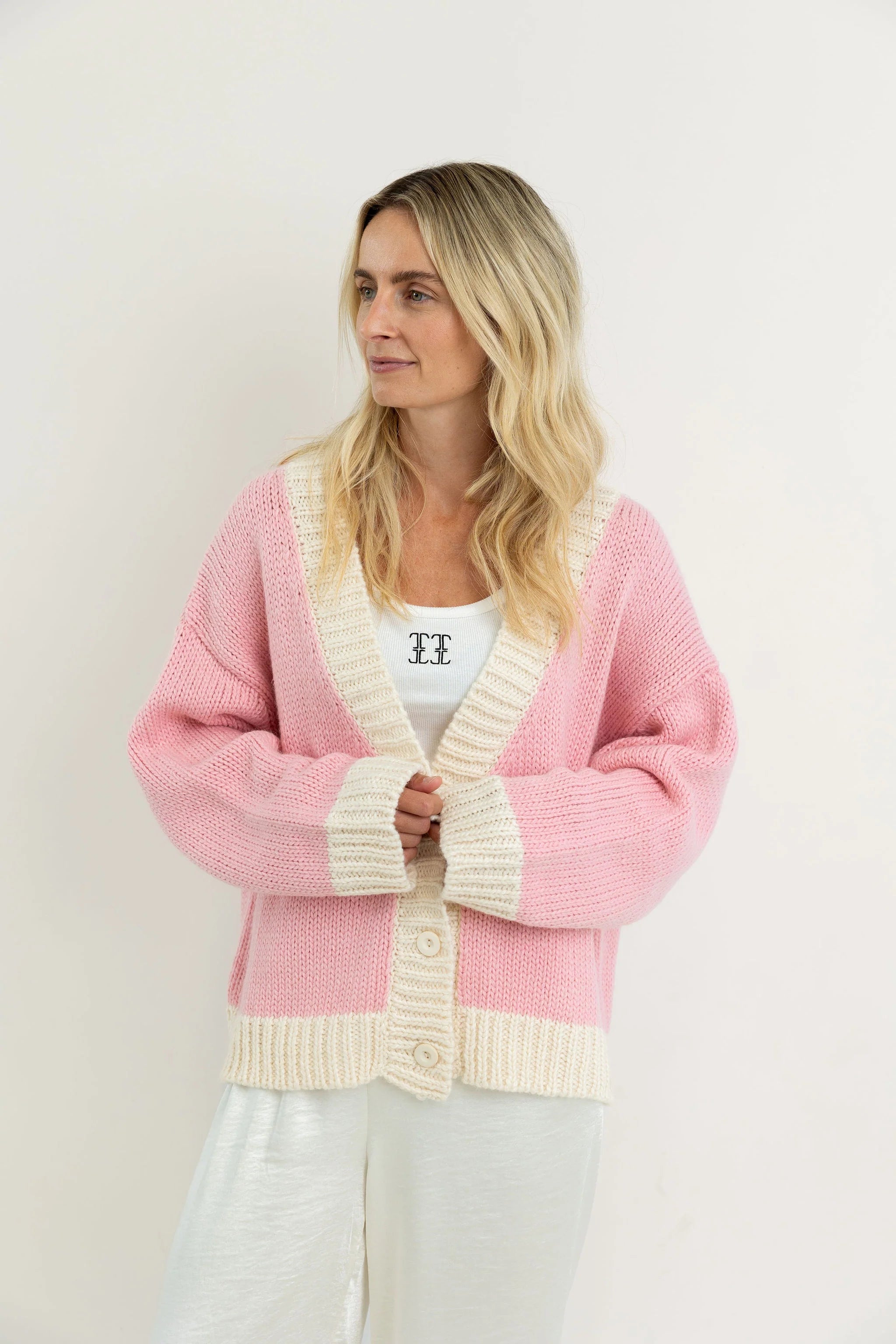 Maeve Contrast Knit Cardigan | Pink/Cream
