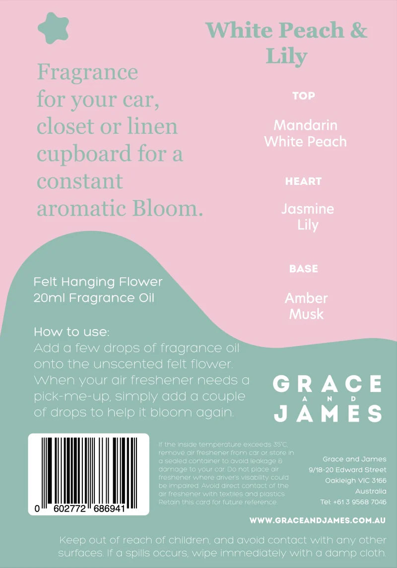 Grace & James Bloom Collection Felt Air Freshener  | White Peach & Lily