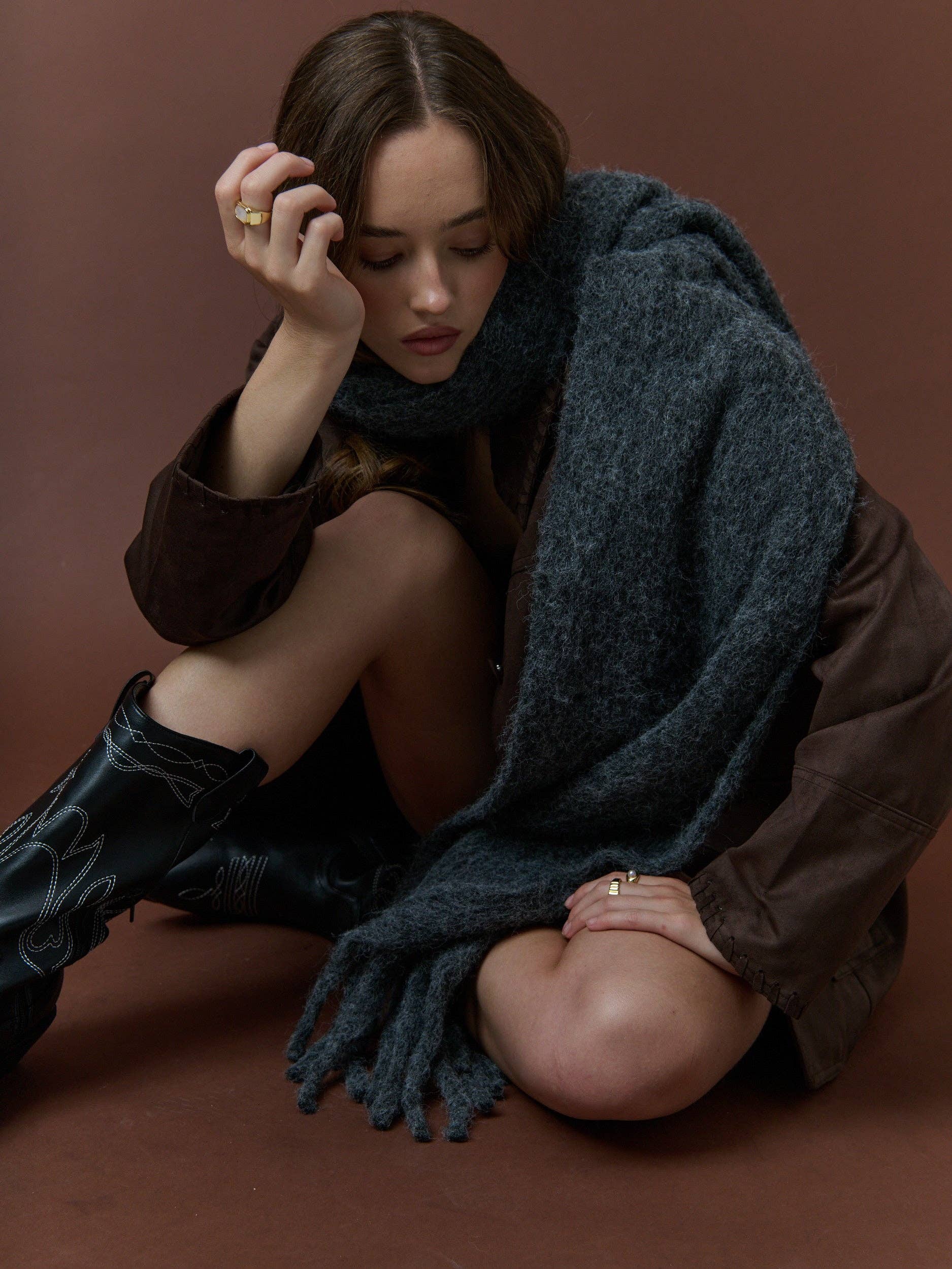 Betty Wool Plain Winter Fluffy Scarf in Charcoal
