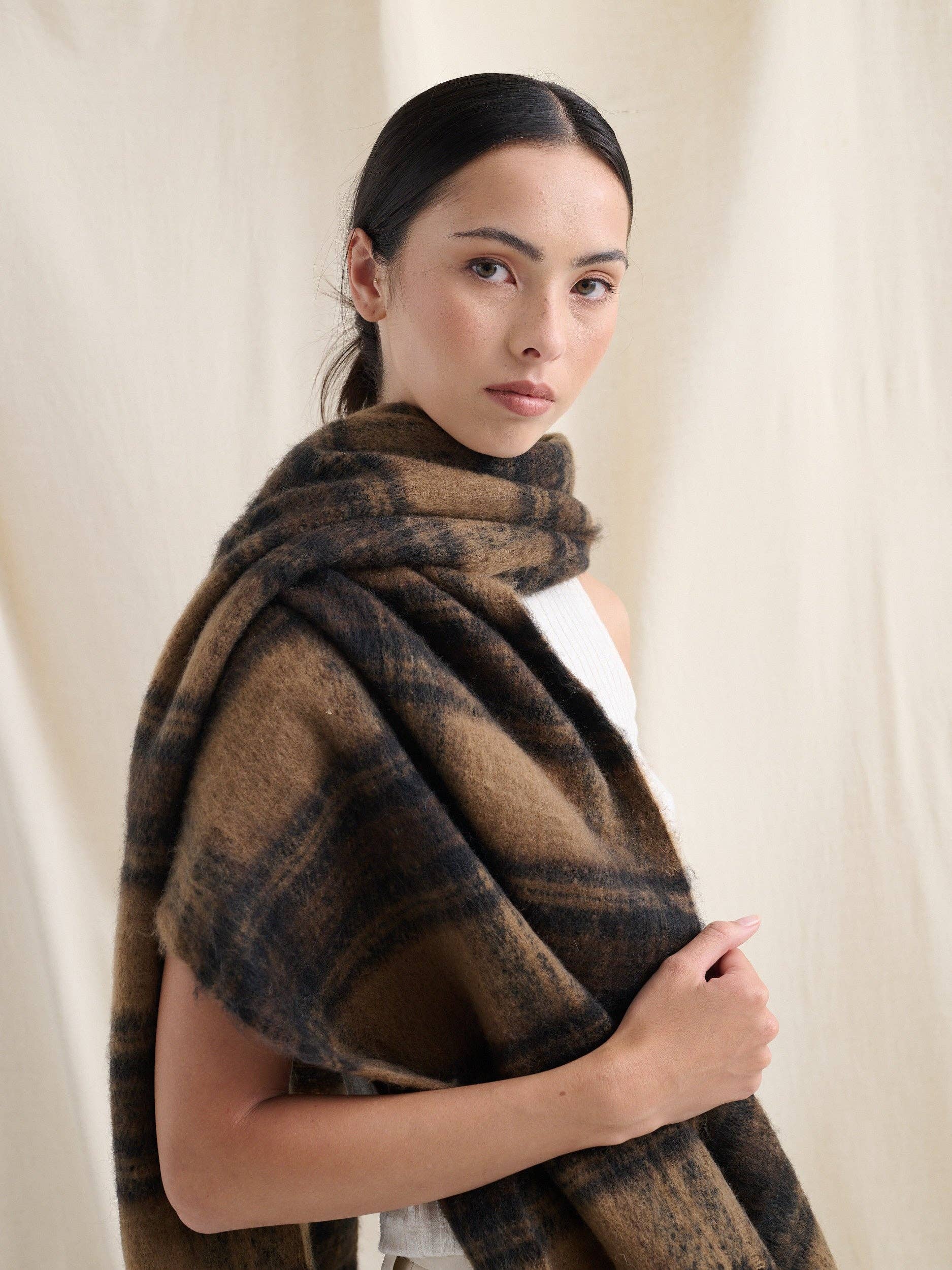 Alya Brown Plaid Winter Fluffy Scarf