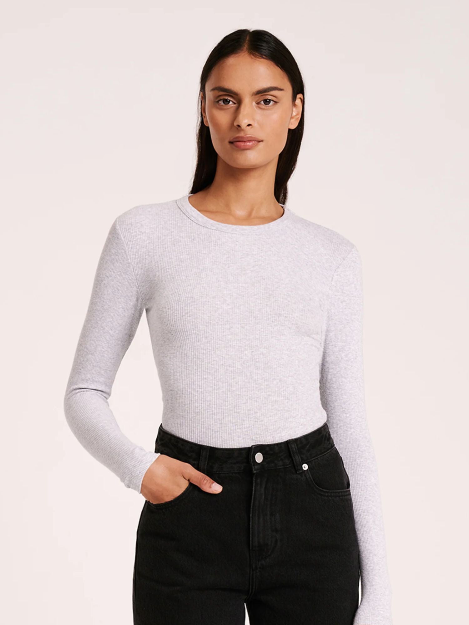 Organic Ribbed Long Sleeve Top | Grey Marle