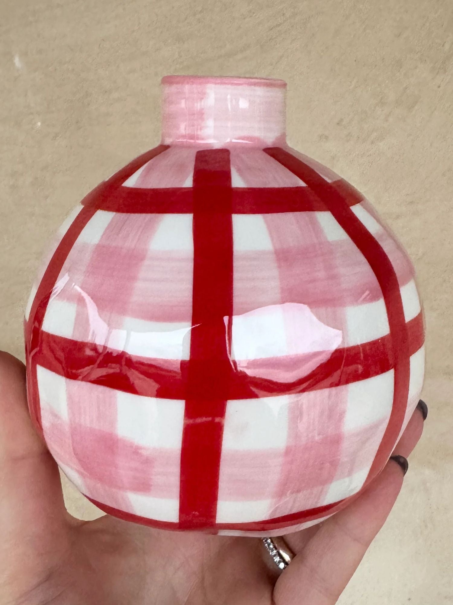 Round Bud Vase | Pink & Red Gingham