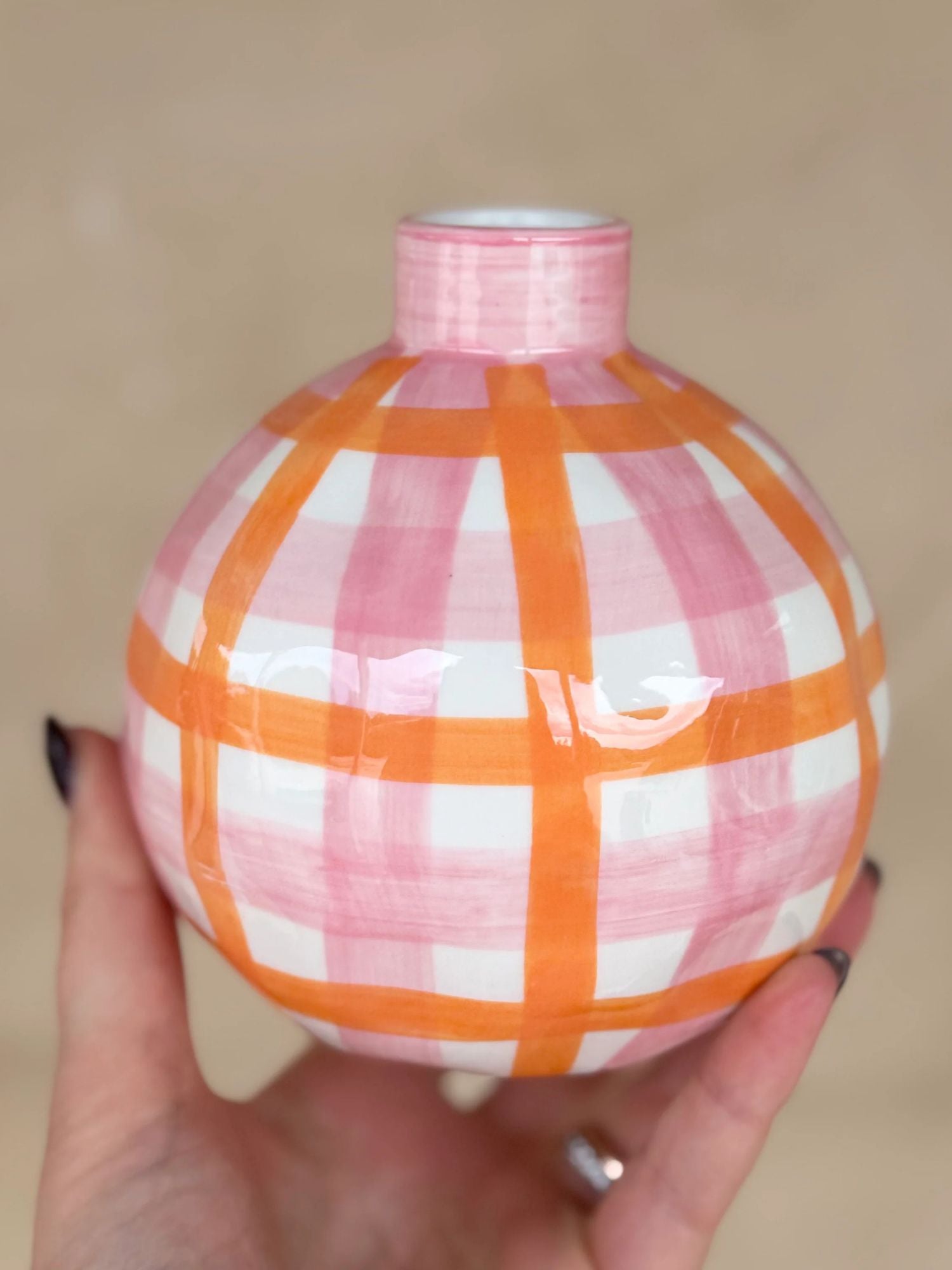 Round Bud Vase | Pink & Orange Gingham